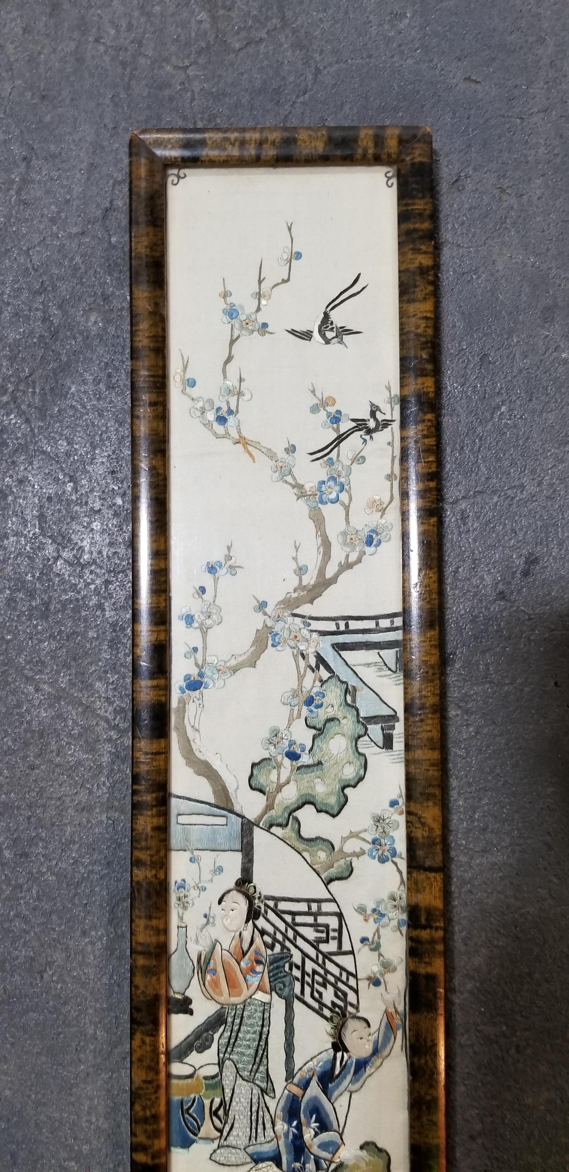A small, hand embroidered Chinese silk textile with figures, trees and birds. Vintage frame from Gumps, San Francisco.

Gumps:
S & G Gump was founded in 1861 as a mirror and frame shop by Solomon Gump and his brother, Gustav. It later sold