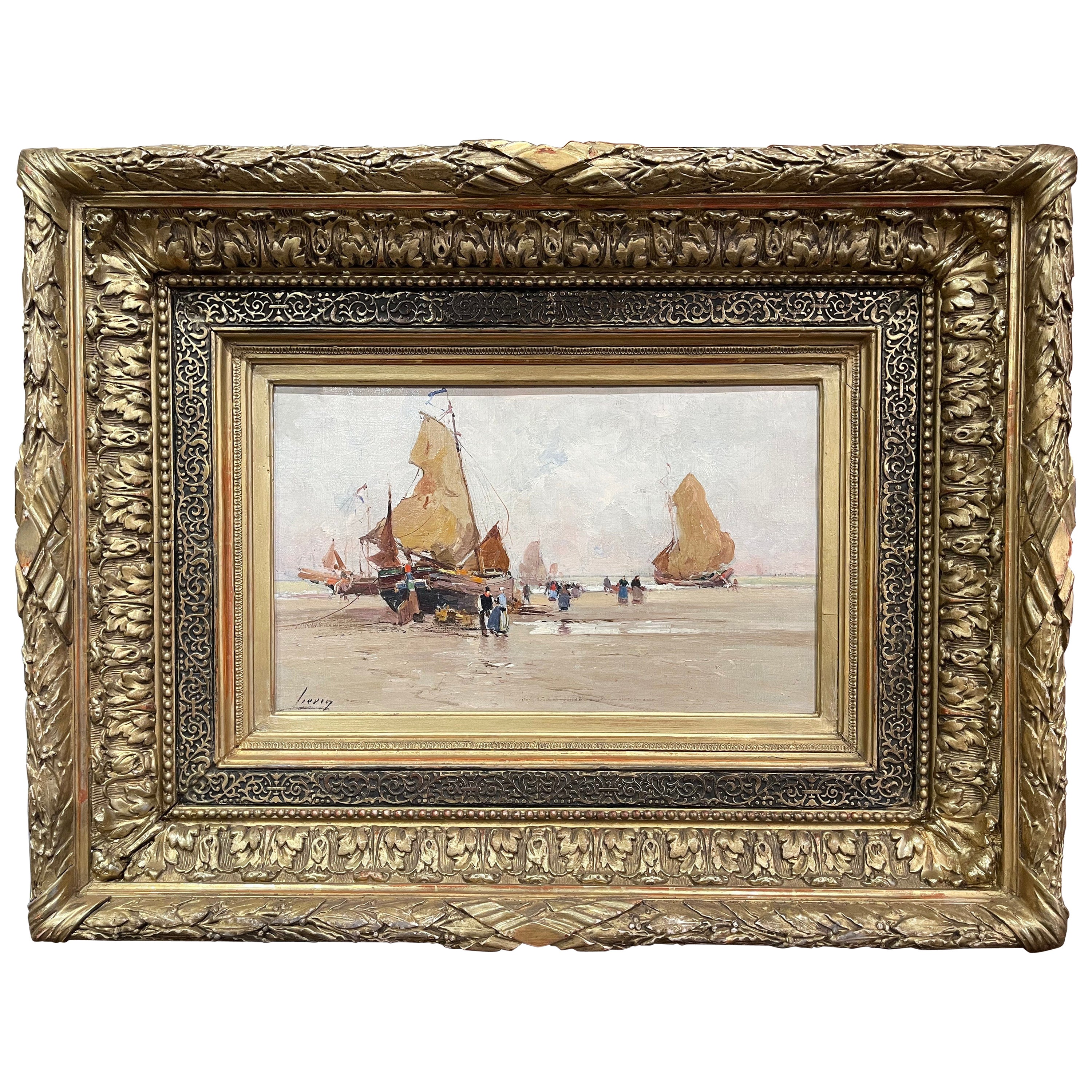 19th Century Framed Coastal Oil Painting Signed Lievin for E. Galien-Laloue