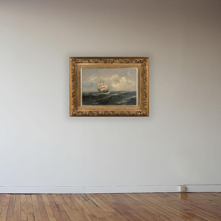 19th century framed Dutch European Marine Scene Painting

Anonymous
Possibly Netherlands; late 19th century
Oil on canvas in giltwood frame

Approximate size: 22 (h) x 31.5 (w) x 3.5 (d) in.

The present painting depicts a traditional Dutch genre