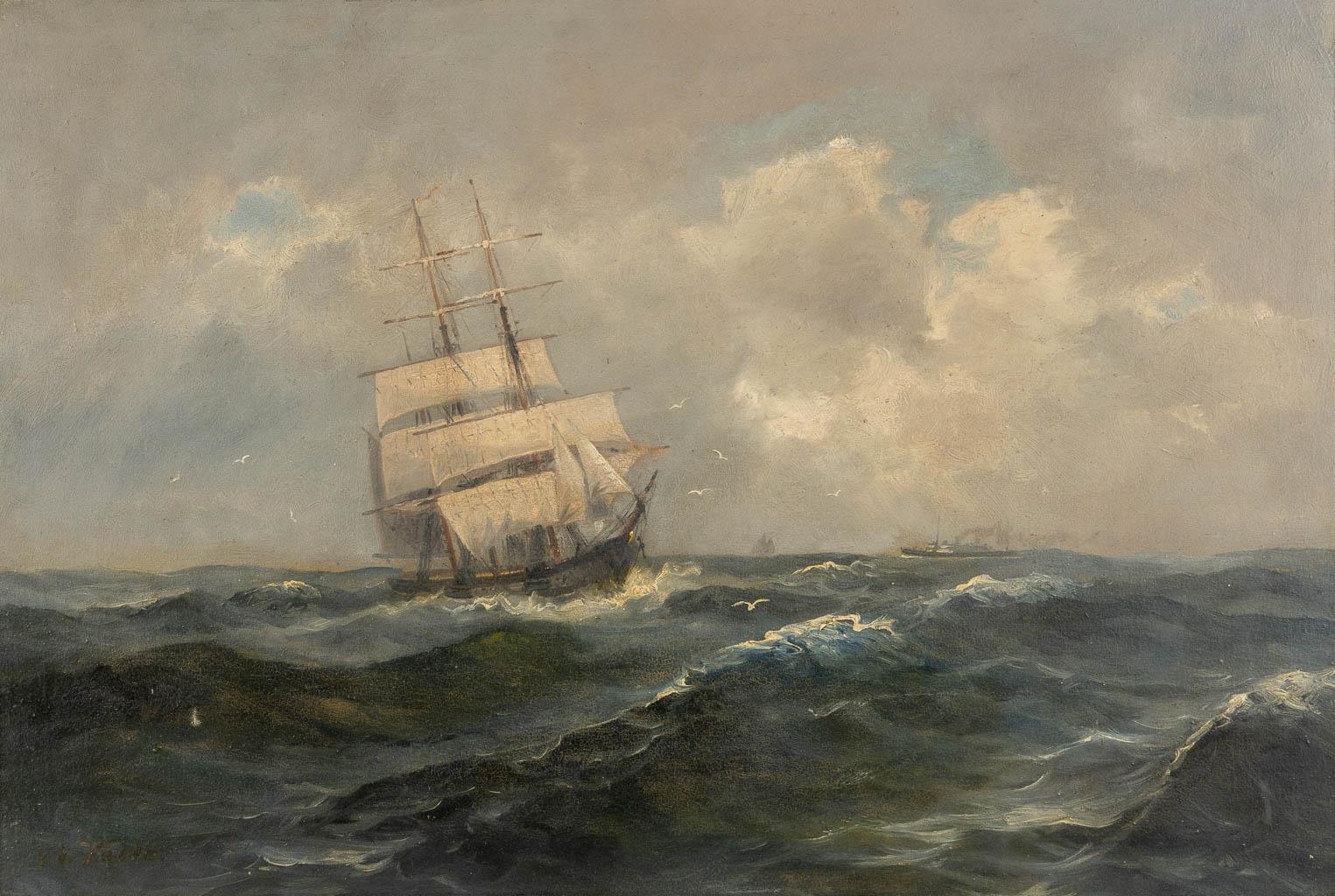High Victorian 19th century framed Dutch European Marine Scene Painting