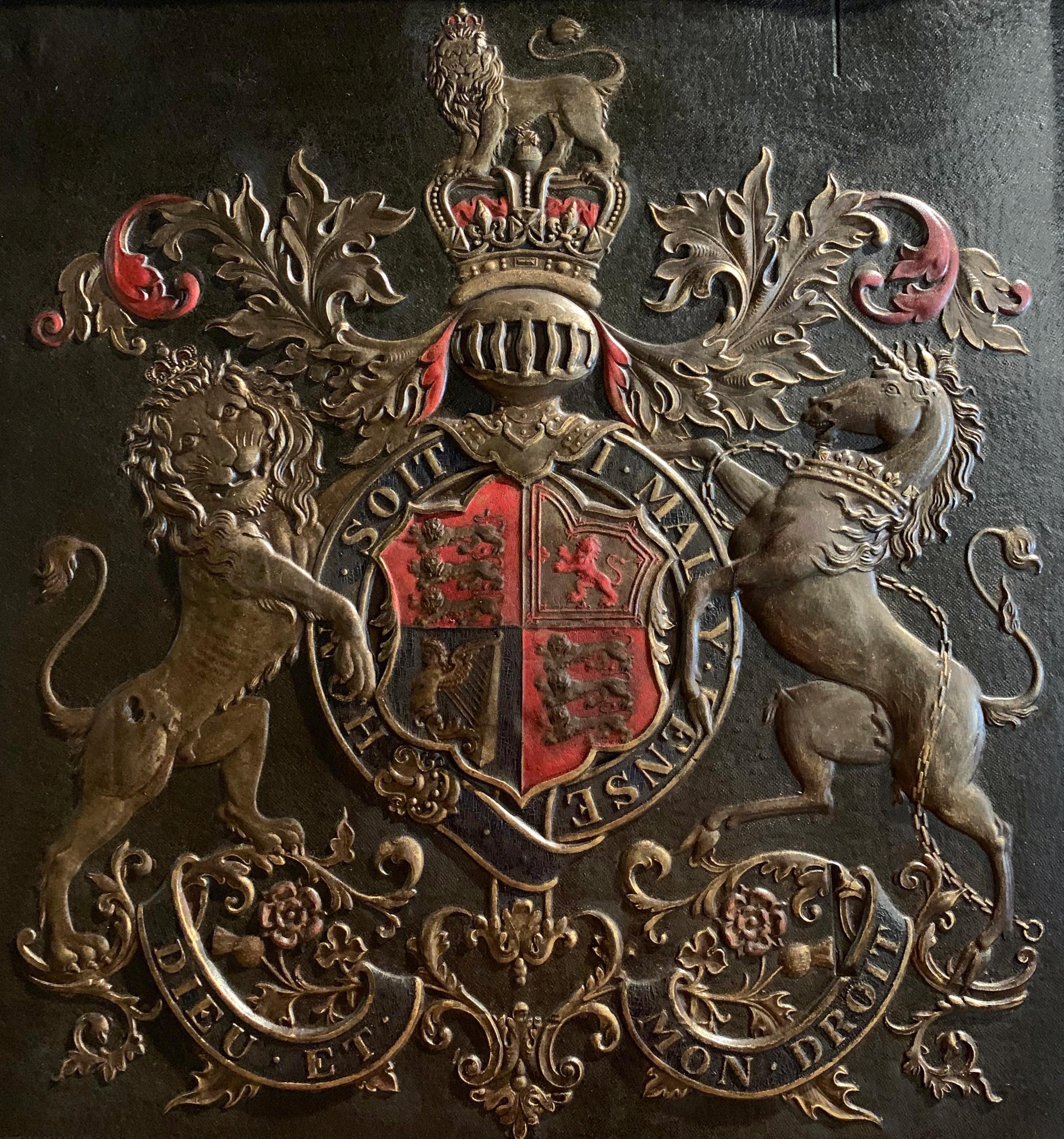 This elegant antique embossed leather shield panel was created in England circa 1870; square in shape and set in the original oak frame embellished with gilt molding, the crest depicts the Royal coat of arms of the United Kingdom with a lion and