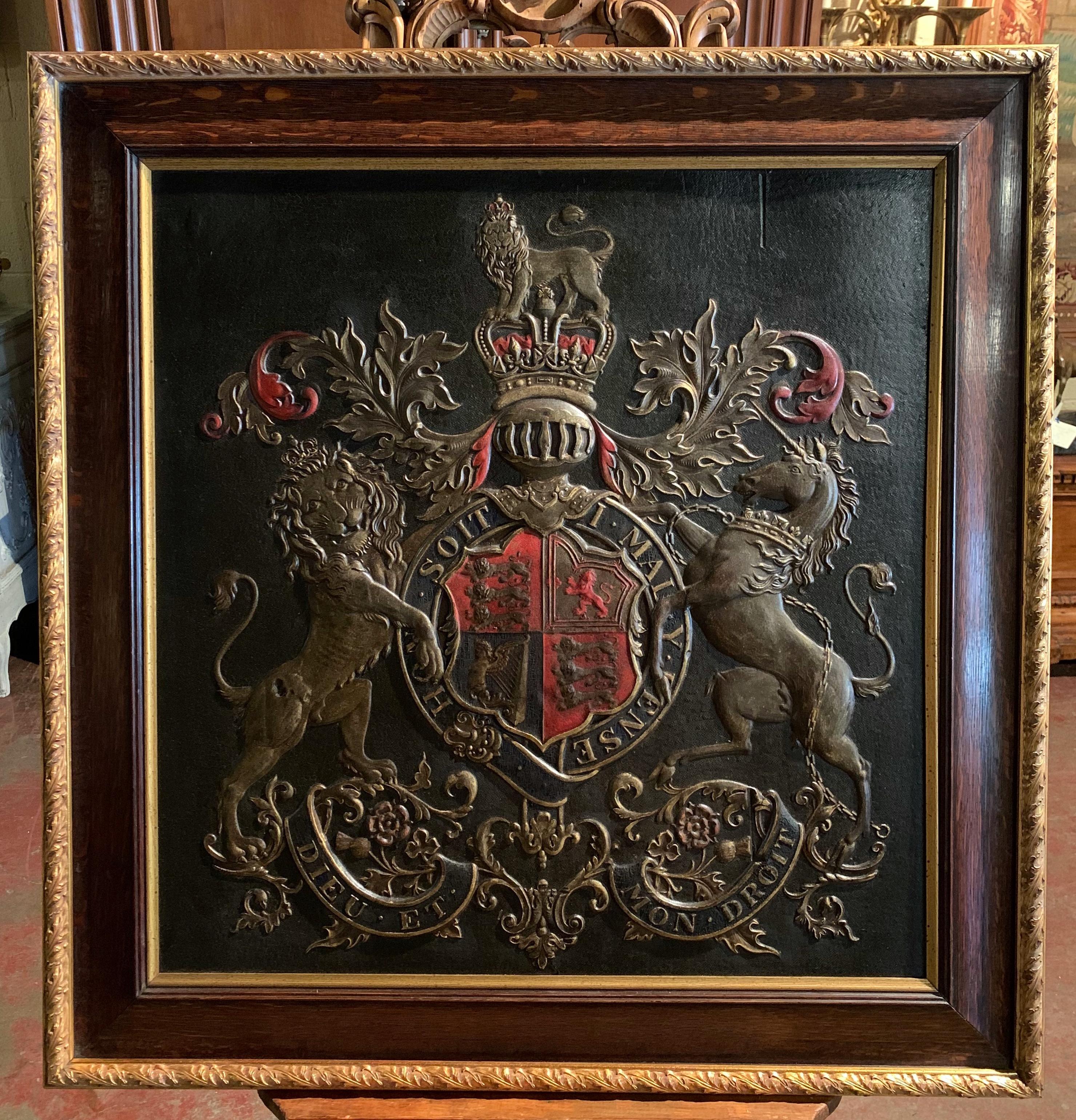 English 19th Century Framed Embossed Leather Royal Coat of Arms of The United Kingdom