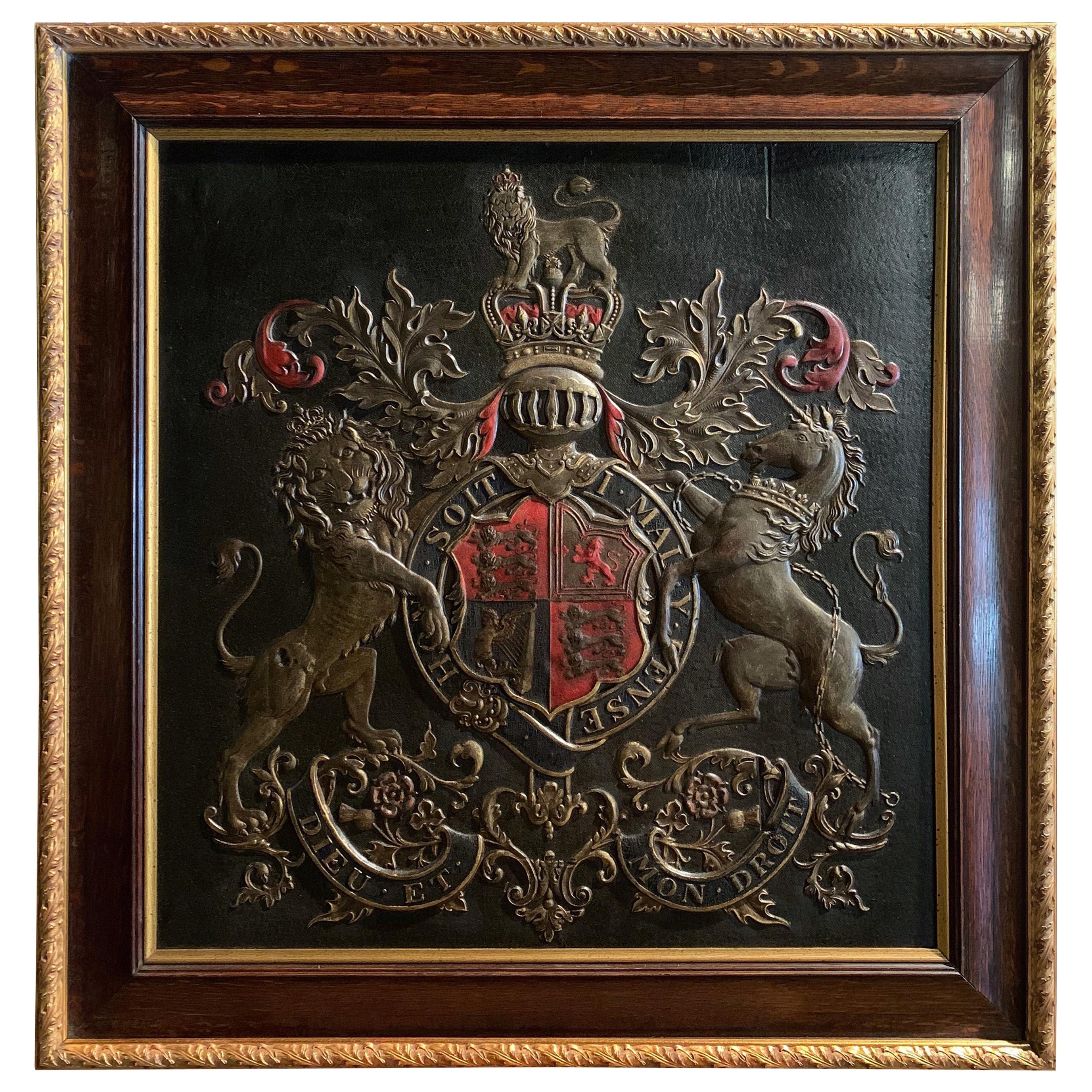 19th Century Framed Embossed Leather Royal Coat of Arms of The United Kingdom