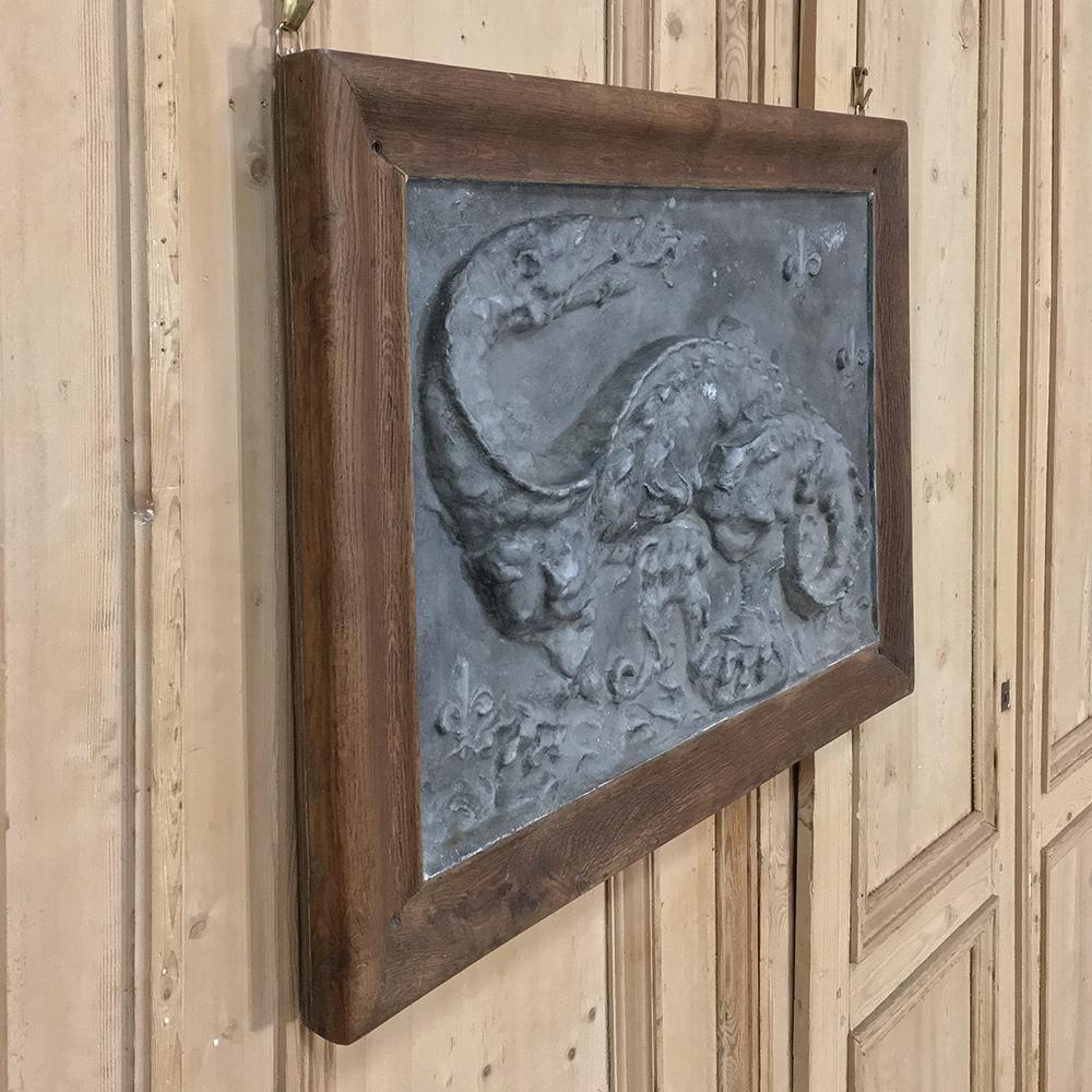 19th Century Framed Embossed Plaster Plaque with Dragon makes a wonderful decorative item!  A fierce interpretation of the lowly salamander, which was the symbol of Francois the First, King of France for most of the first half of the 16th century. 