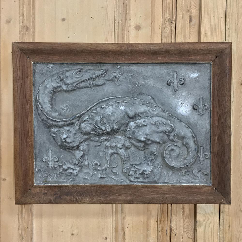 French 19th Century Framed Embossed Plaster Plaque with Dragon