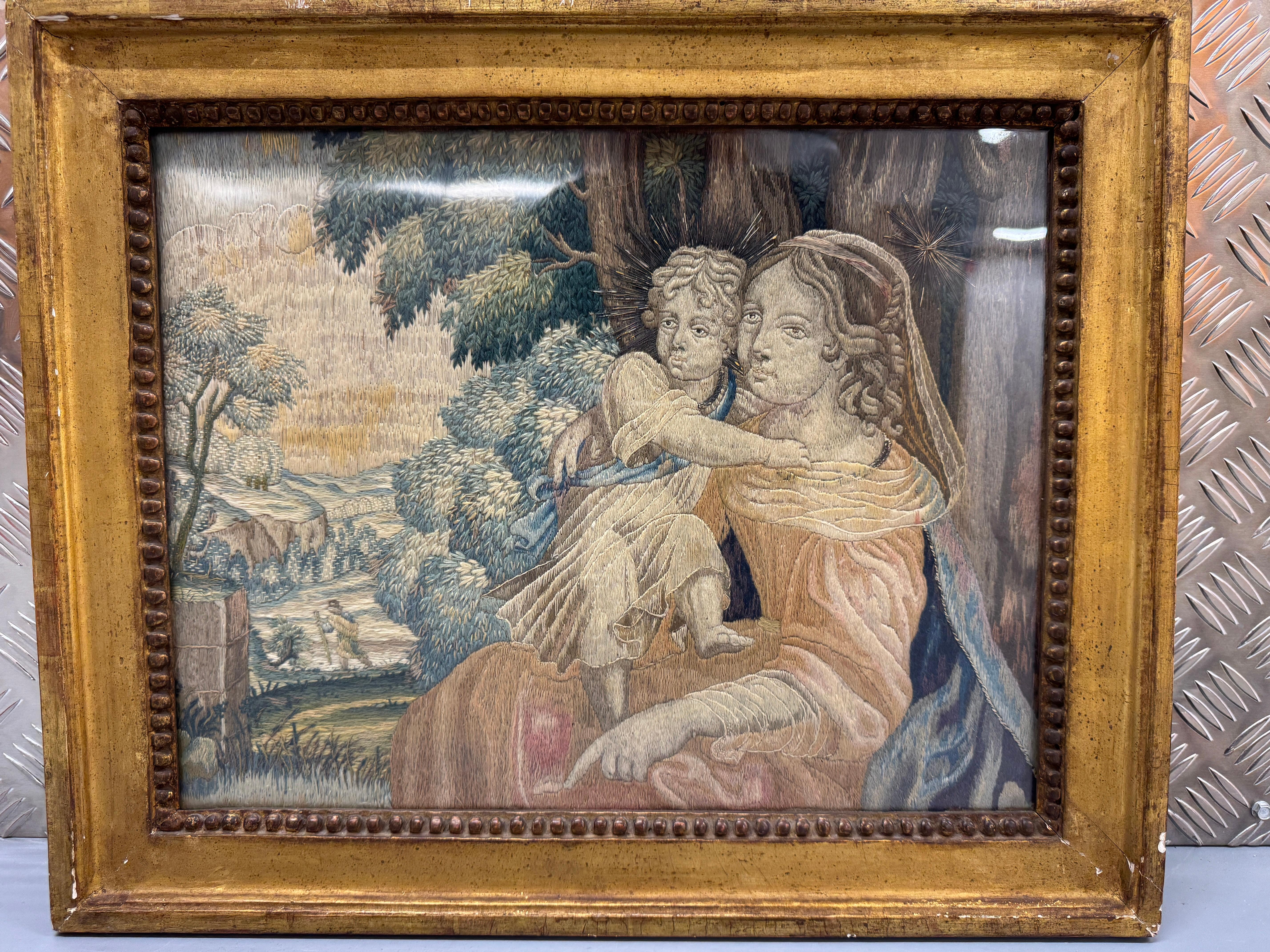 19th Century Embroidery - 'Mother and Child' , framed and glazed, frame size 20