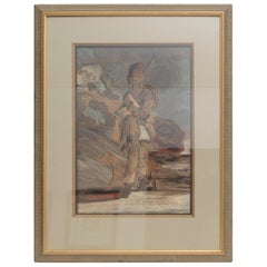 Antique 19th Century Framed Needlework Picture of Man Hunting