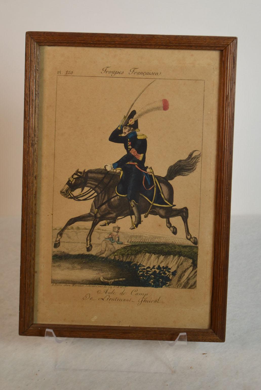 Framed Empire period engraving of French cavalry French troops: Camp help for the Lieutenant General. Bookseller A. Martinet in Paris, and Saluden Brest Galarie.