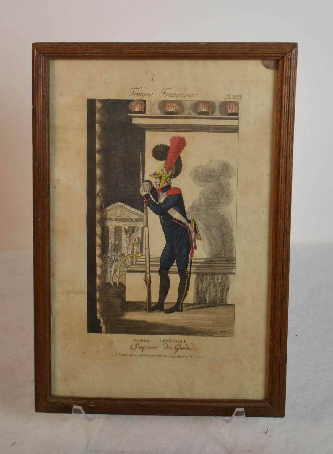Framed Empire period engraving of French cavalry French troops: Imperial Guard bookseller A. Martinet in Paris, and Saluden Brest Galarie.