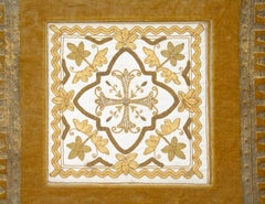 Centre de table de chasuble anglais ancien brodé encadré du 19ème siècle