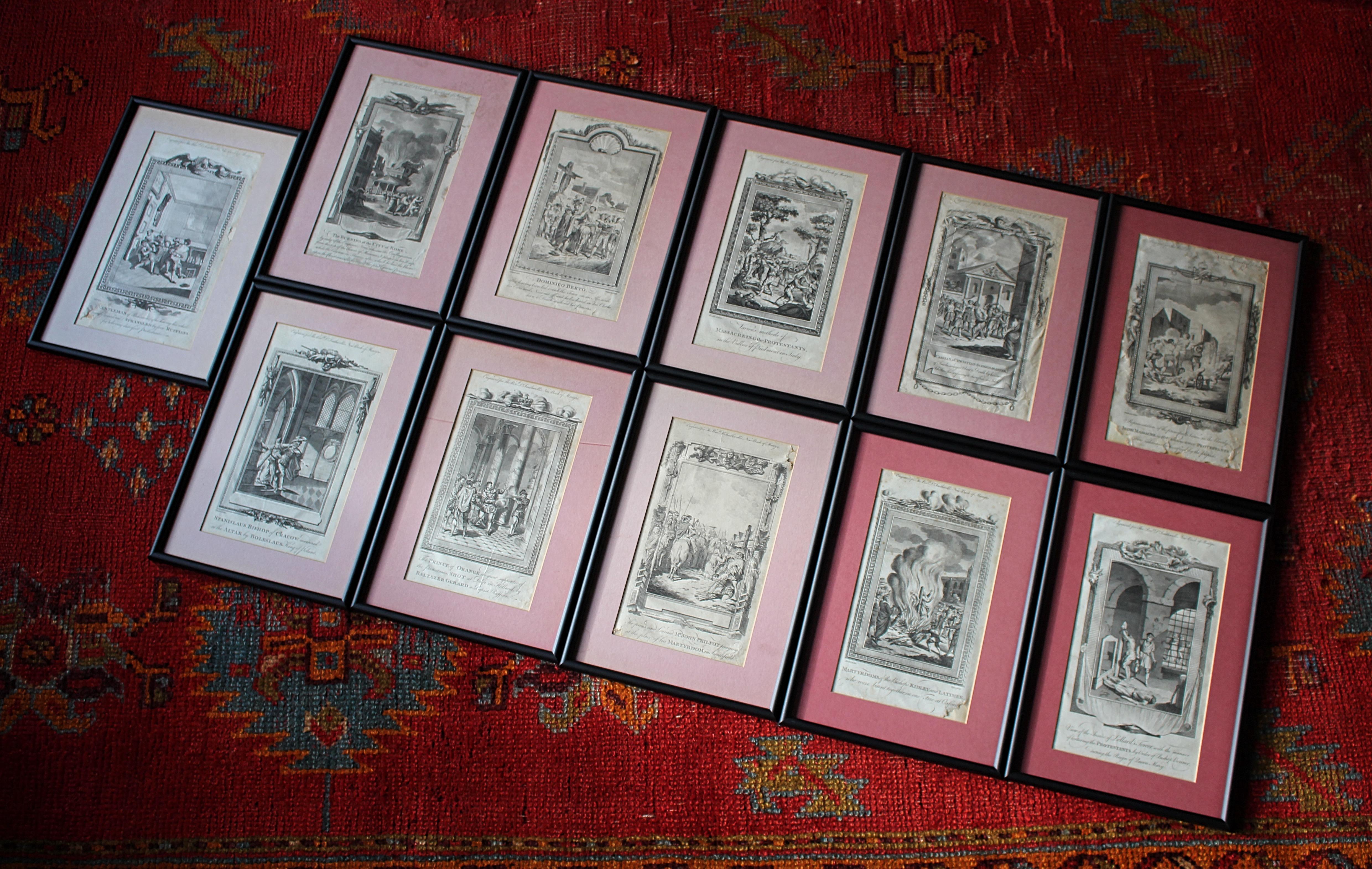 A collection of 11 framed and glazed engravings taken from the New Book Of Martyrs By Henry Southwell

The 11 engravings show authentic and genuine historical account of the many dreadful 