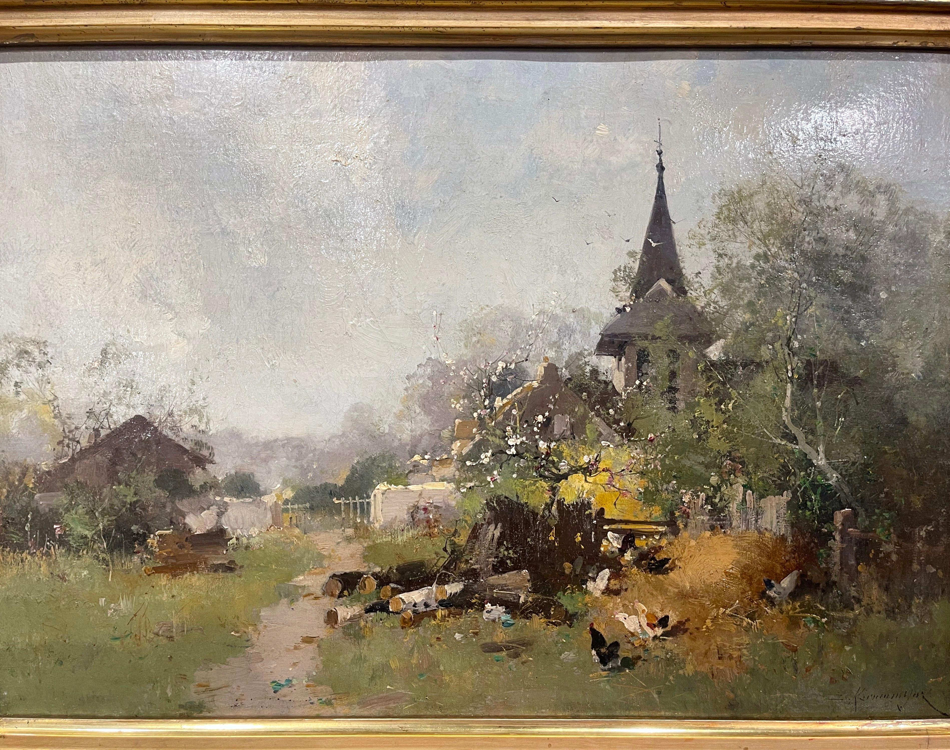 Decorate a study, living room or den with this beautiful and colorful antique painting! Painted in France circa 1890, the artwork on canvas is set in a 19th century carved gilt wood frame and illustrates a picturesque, countryside scene in rural