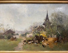 19th Century Framed Farmyard Oil Painting Signed Kermanguy for E. Galien-Laloue
