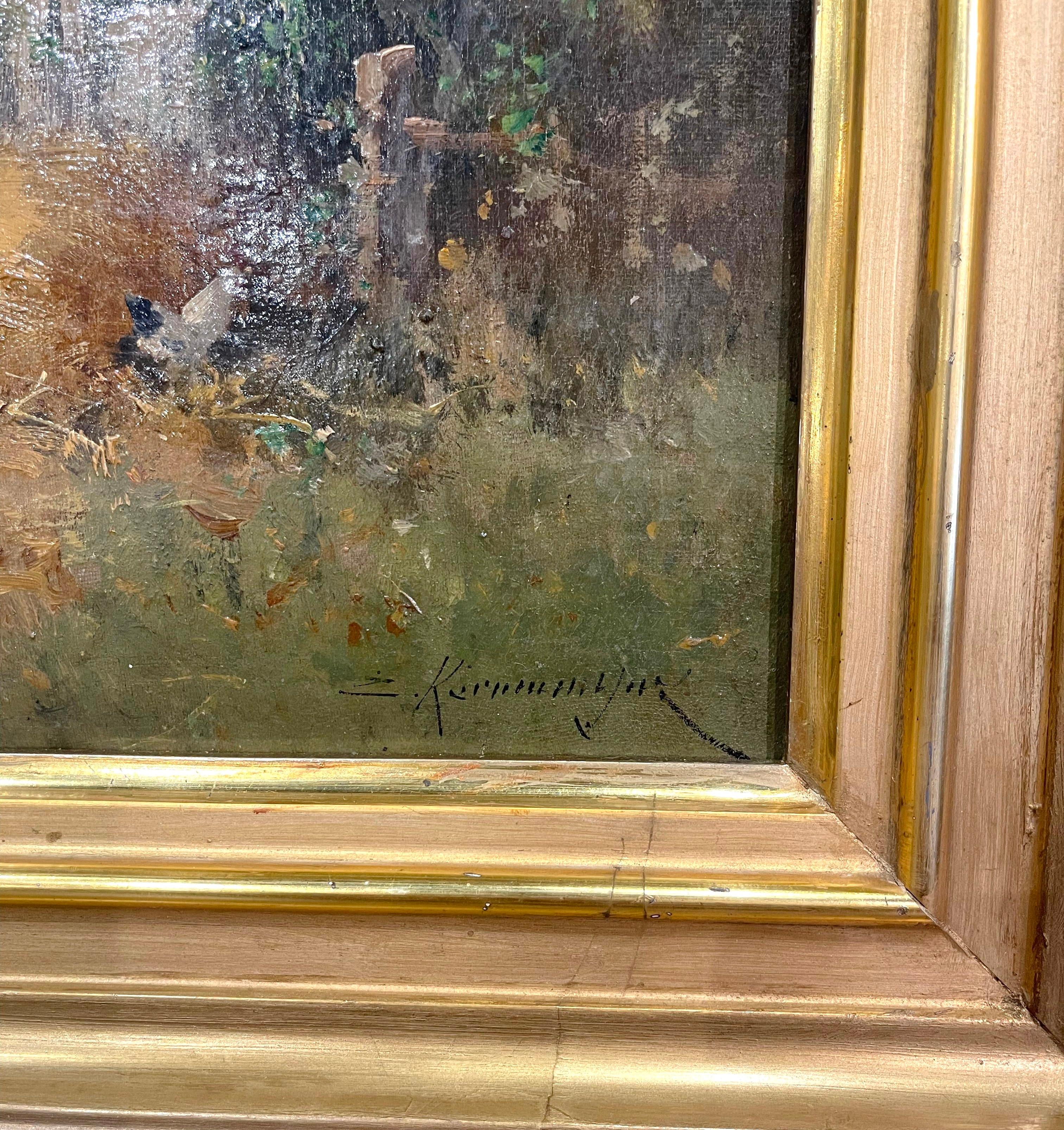 Français  Peinture à l'huile de ferme encadrée du 19ème siècle signée Kermanguy pour E. Galien-Laloue en vente