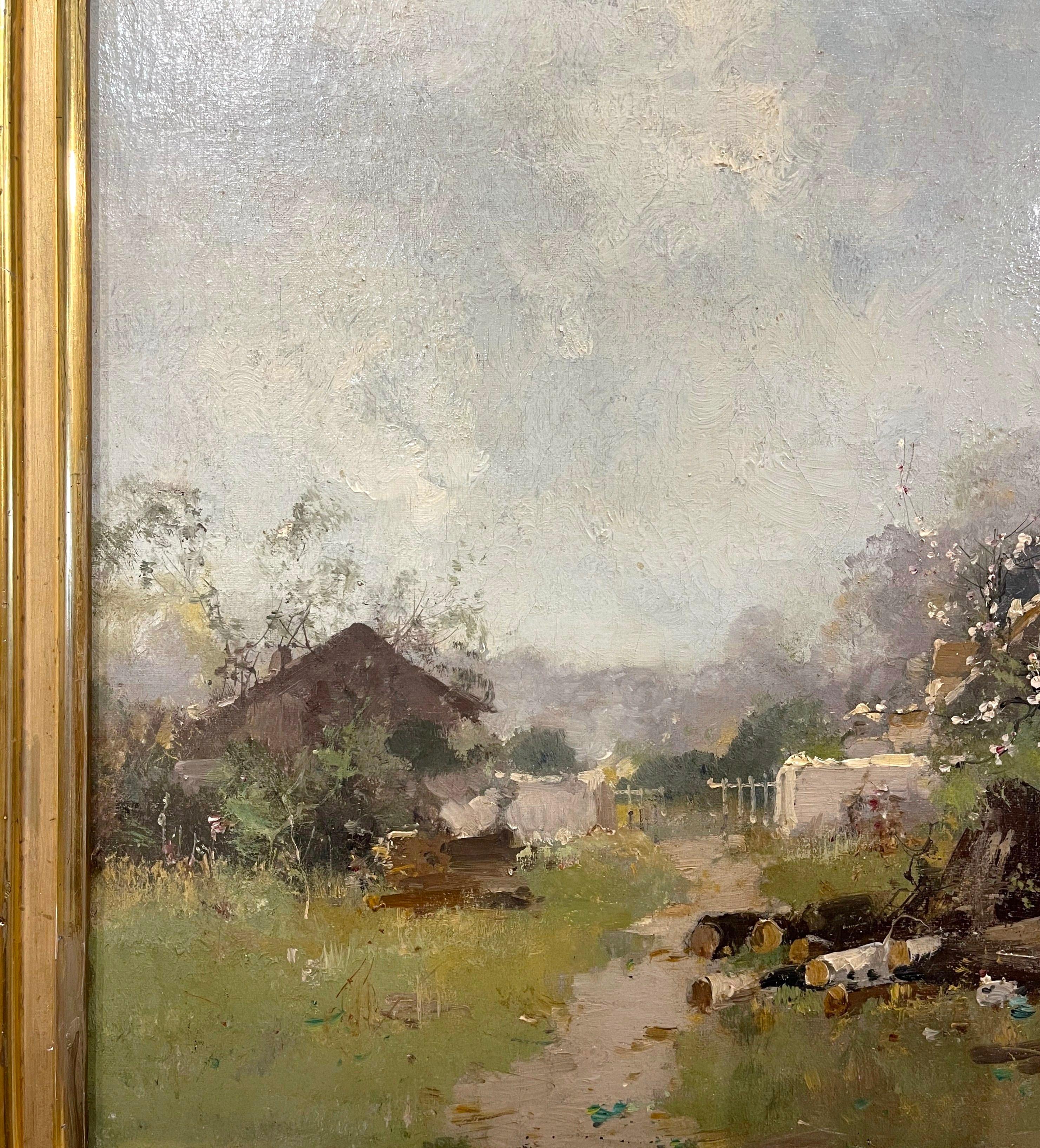 Carved  19th Century Framed Farmyard Oil Painting Signed Kermanguy for E. Galien-Laloue For Sale