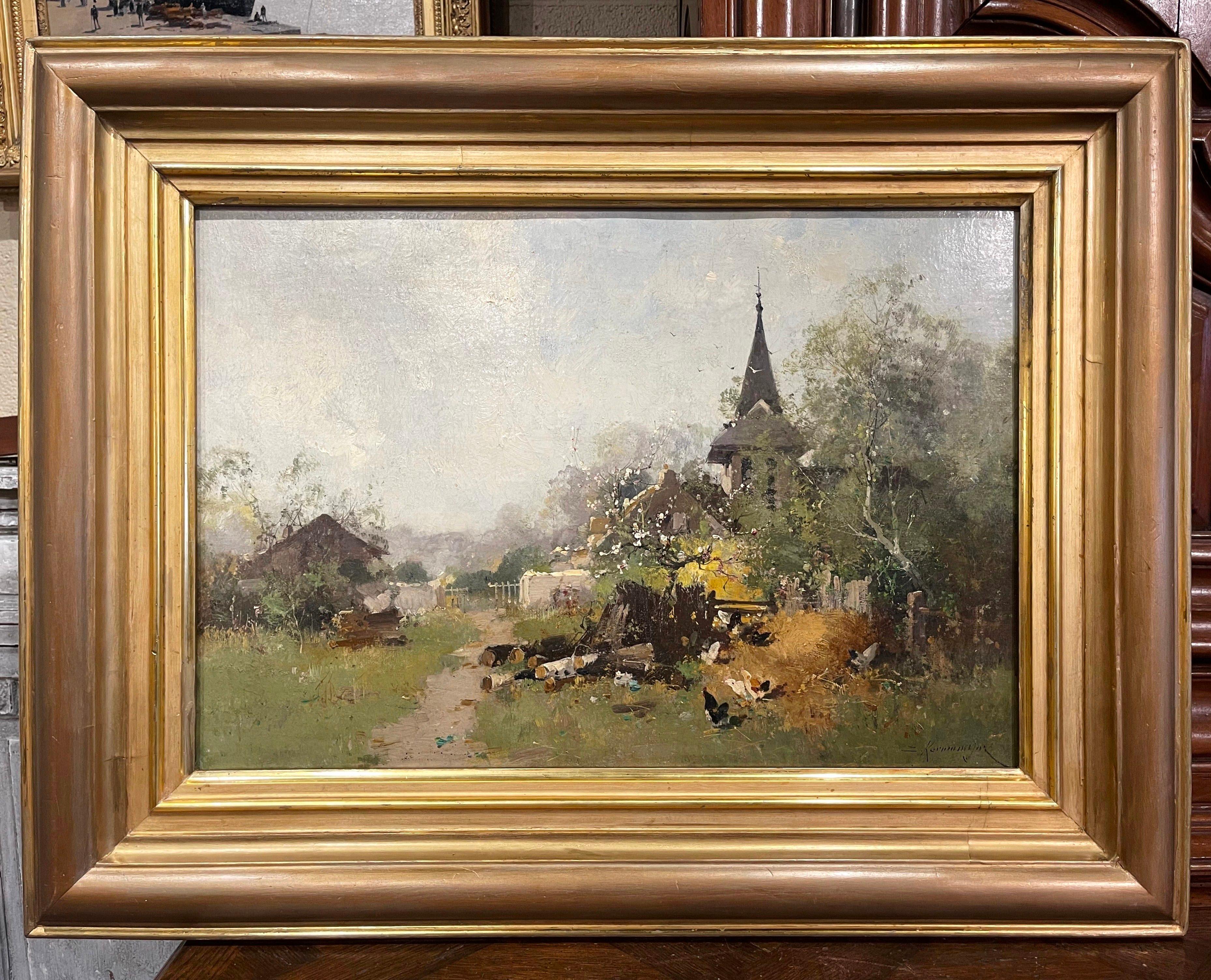 Giltwood  19th Century Framed Farmyard Oil Painting Signed Kermanguy for E. Galien-Laloue For Sale