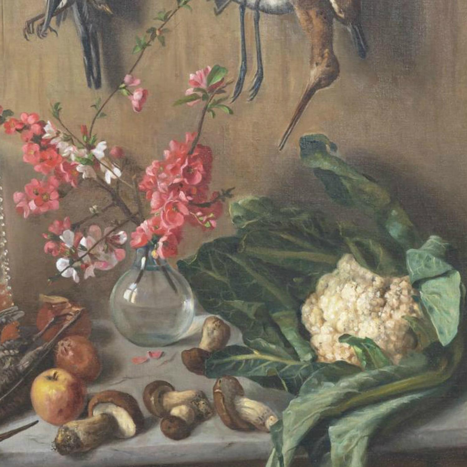 Gerahmtes italienisches Stillleben des 19. Jahrhunderts, Ölgemälde mit toten Vögeln in der Küche, signiert im Angebot 7