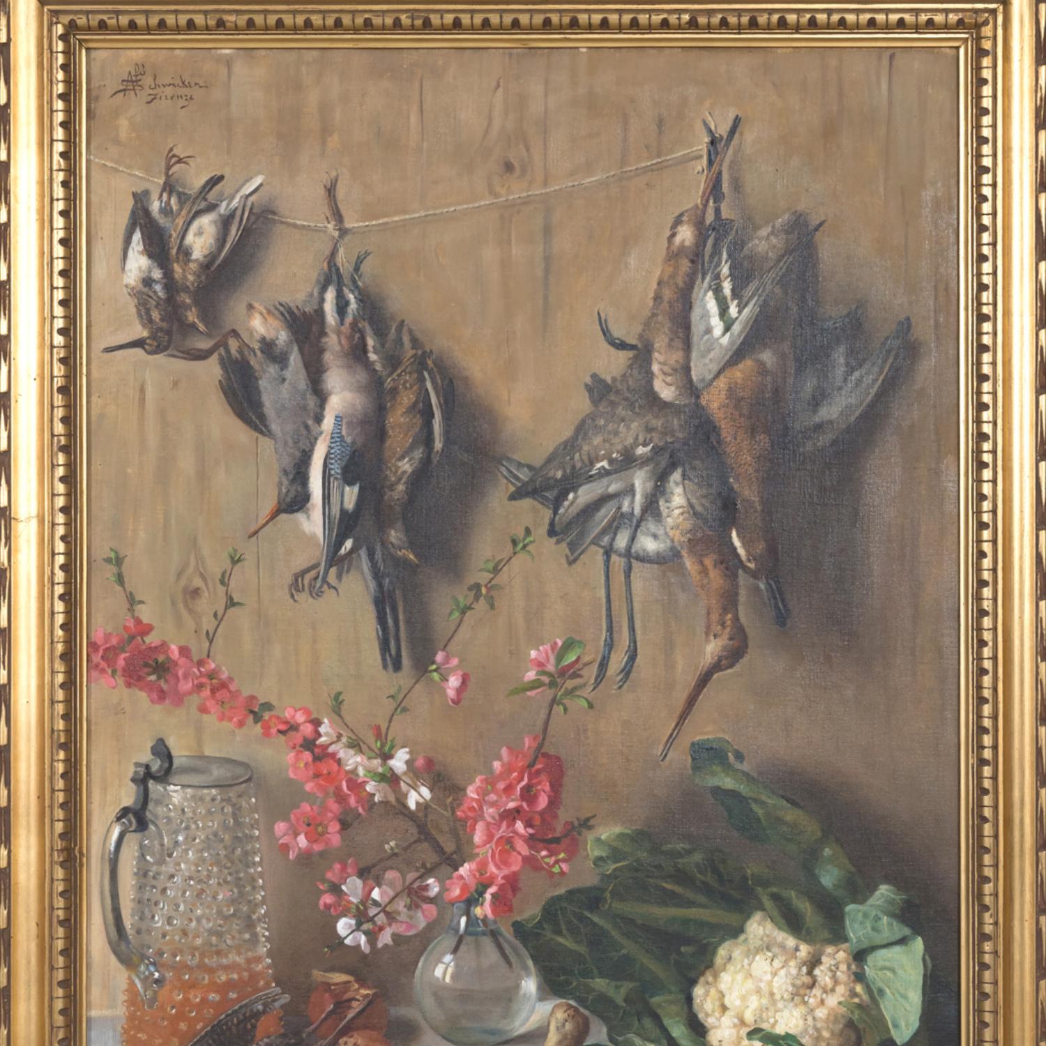 Gerahmtes italienisches Stillleben des 19. Jahrhunderts, Ölgemälde mit toten Vögeln in der Küche, signiert im Angebot 10