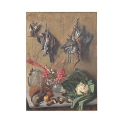 19th Century Framed Italian Still Life Oil of Dead Birds in Kitchen Signed