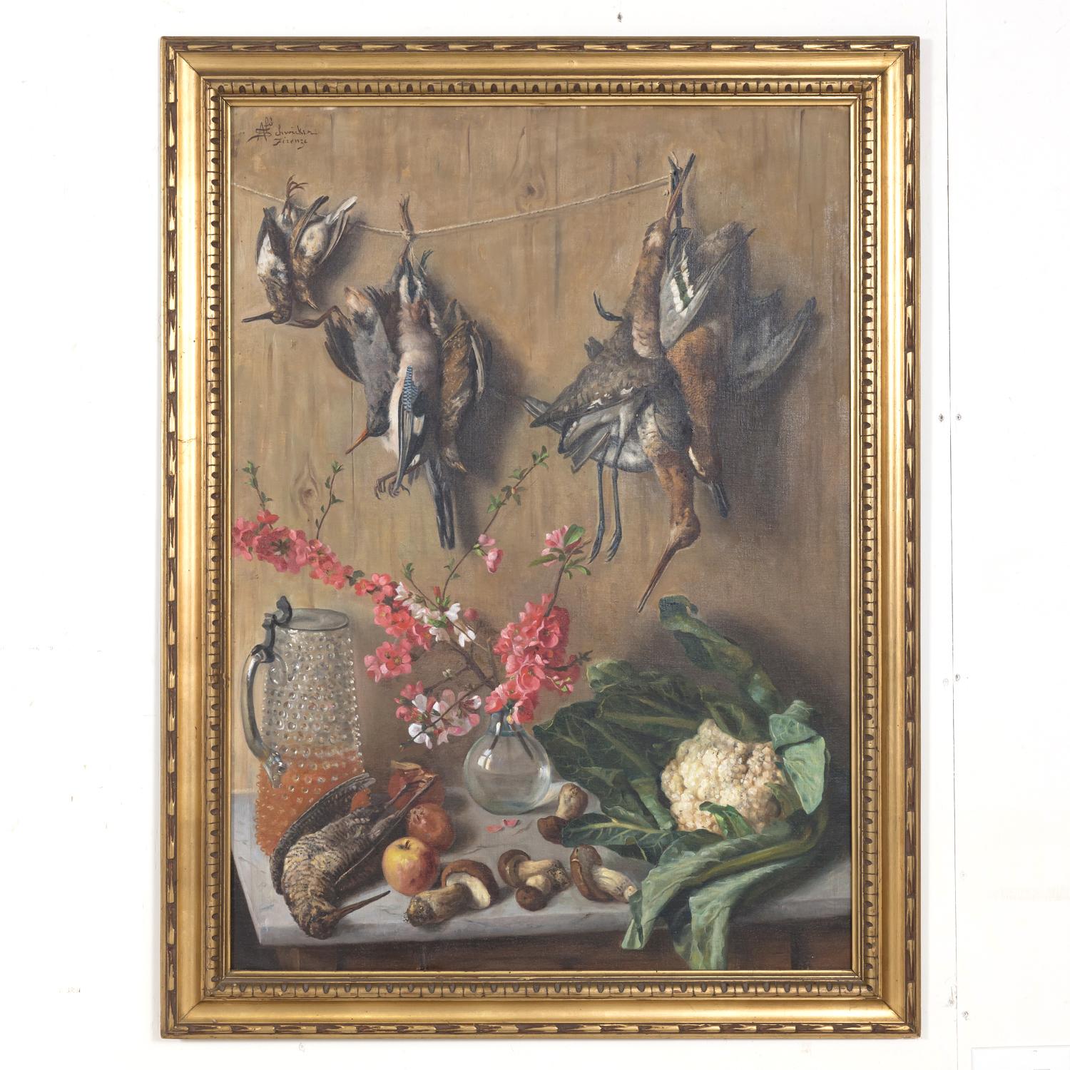 Gerahmtes italienisches Stillleben des 19. Jahrhunderts, Ölgemälde mit toten Vögeln in der Küche, signiert (Italienisch) im Angebot