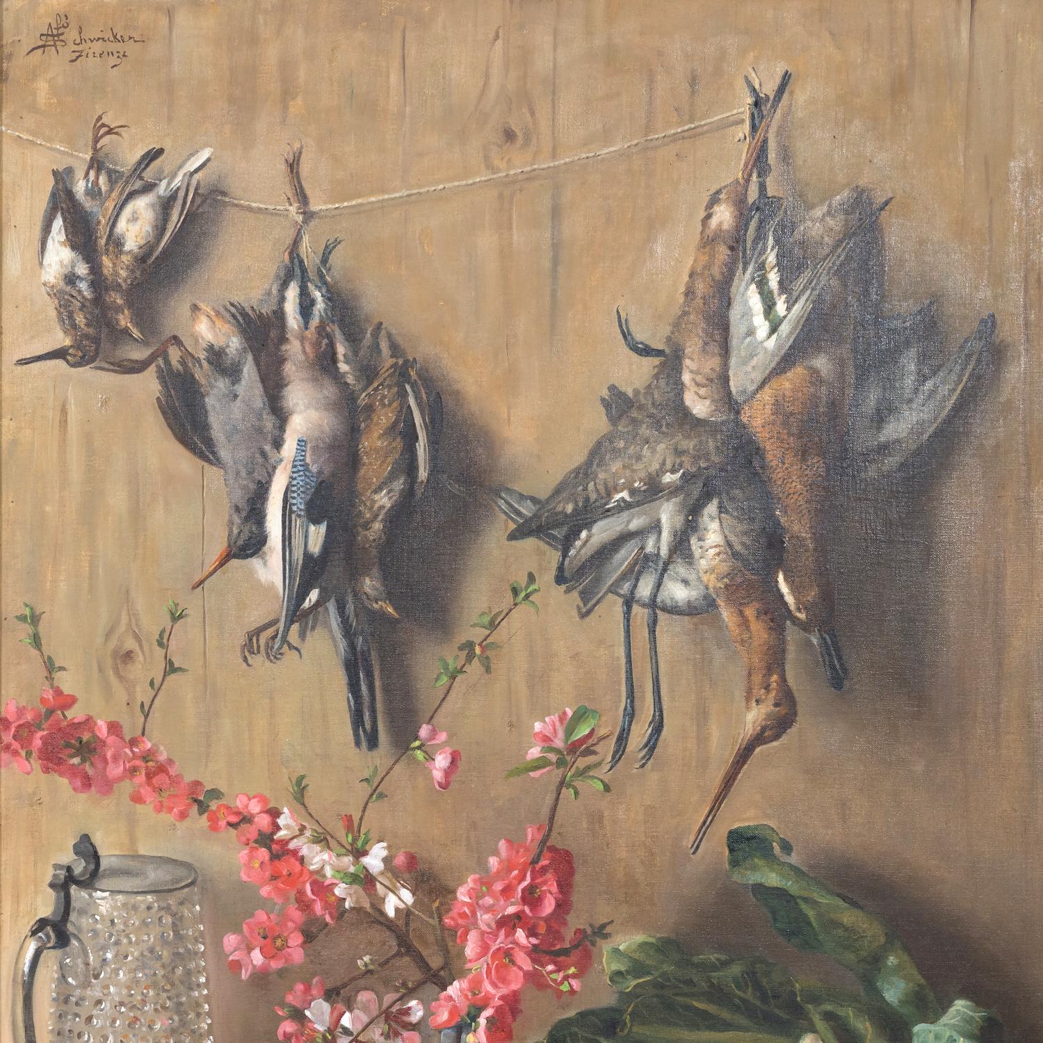 Gerahmtes italienisches Stillleben des 19. Jahrhunderts, Ölgemälde mit toten Vögeln in der Küche, signiert im Angebot 2
