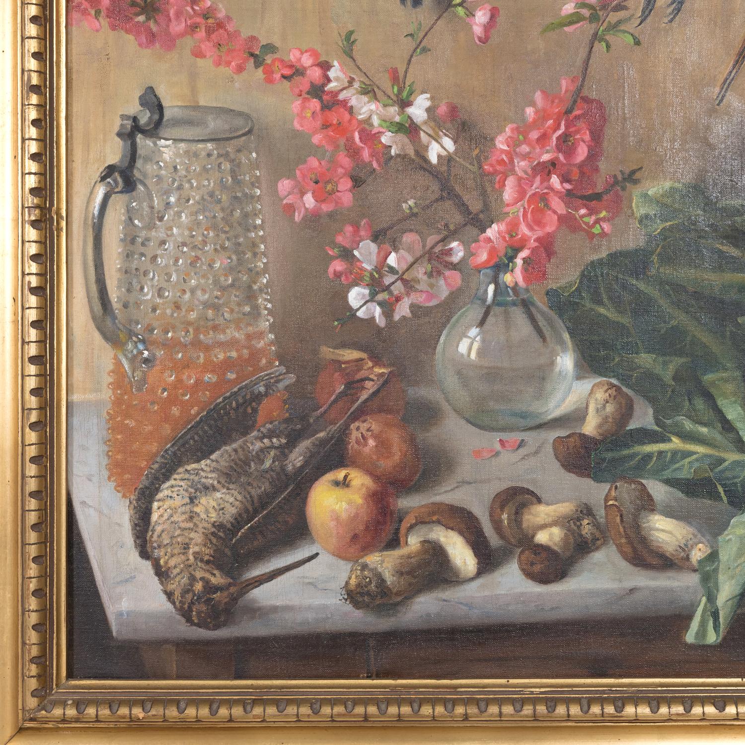 Gerahmtes italienisches Stillleben des 19. Jahrhunderts, Ölgemälde mit toten Vögeln in der Küche, signiert im Angebot 3