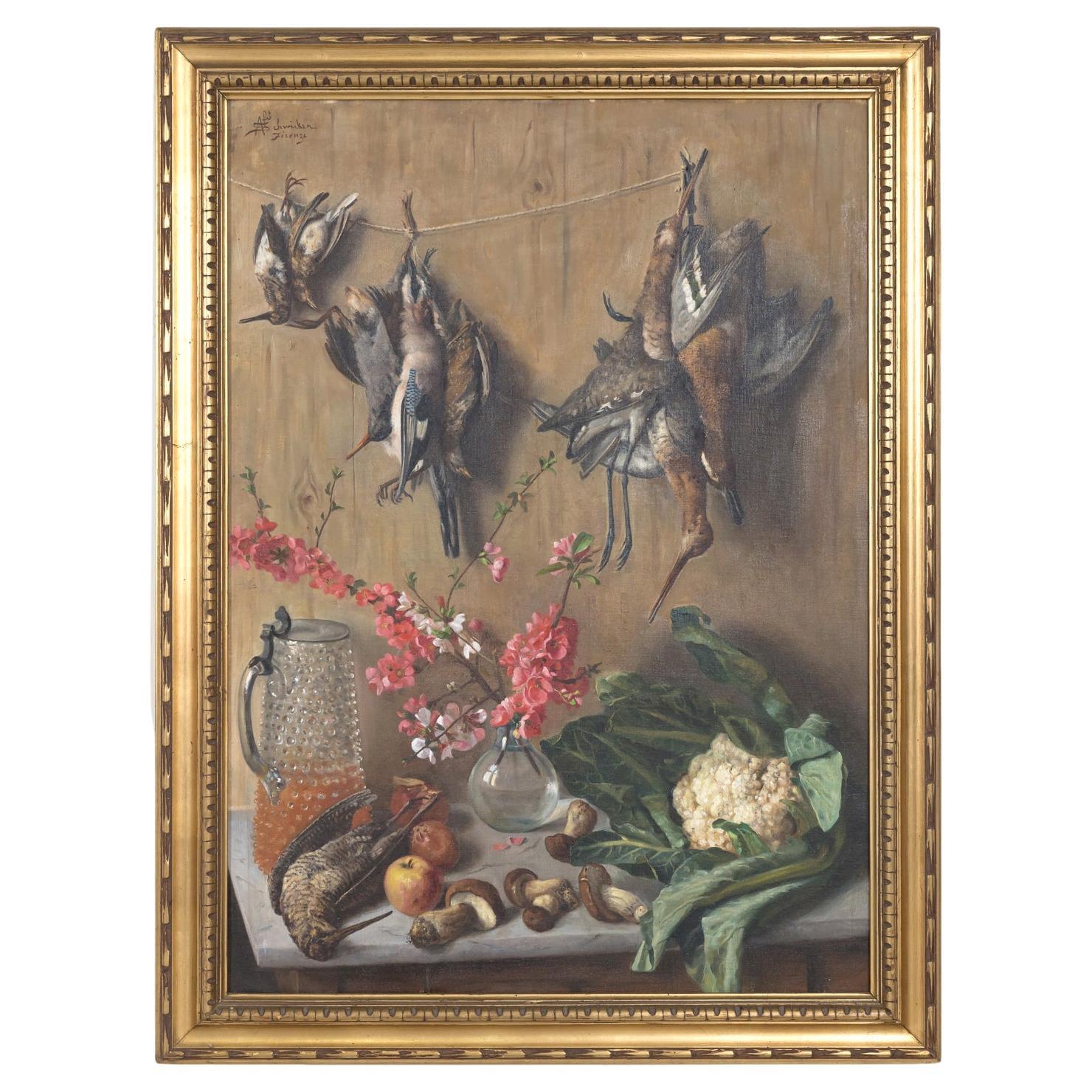 Gerahmtes italienisches Stillleben des 19. Jahrhunderts, Ölgemälde mit toten Vögeln in der Küche, signiert