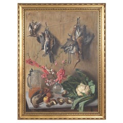19th Century Framed Italian Still Life Oil of Dead Birds in Kitchen Signed