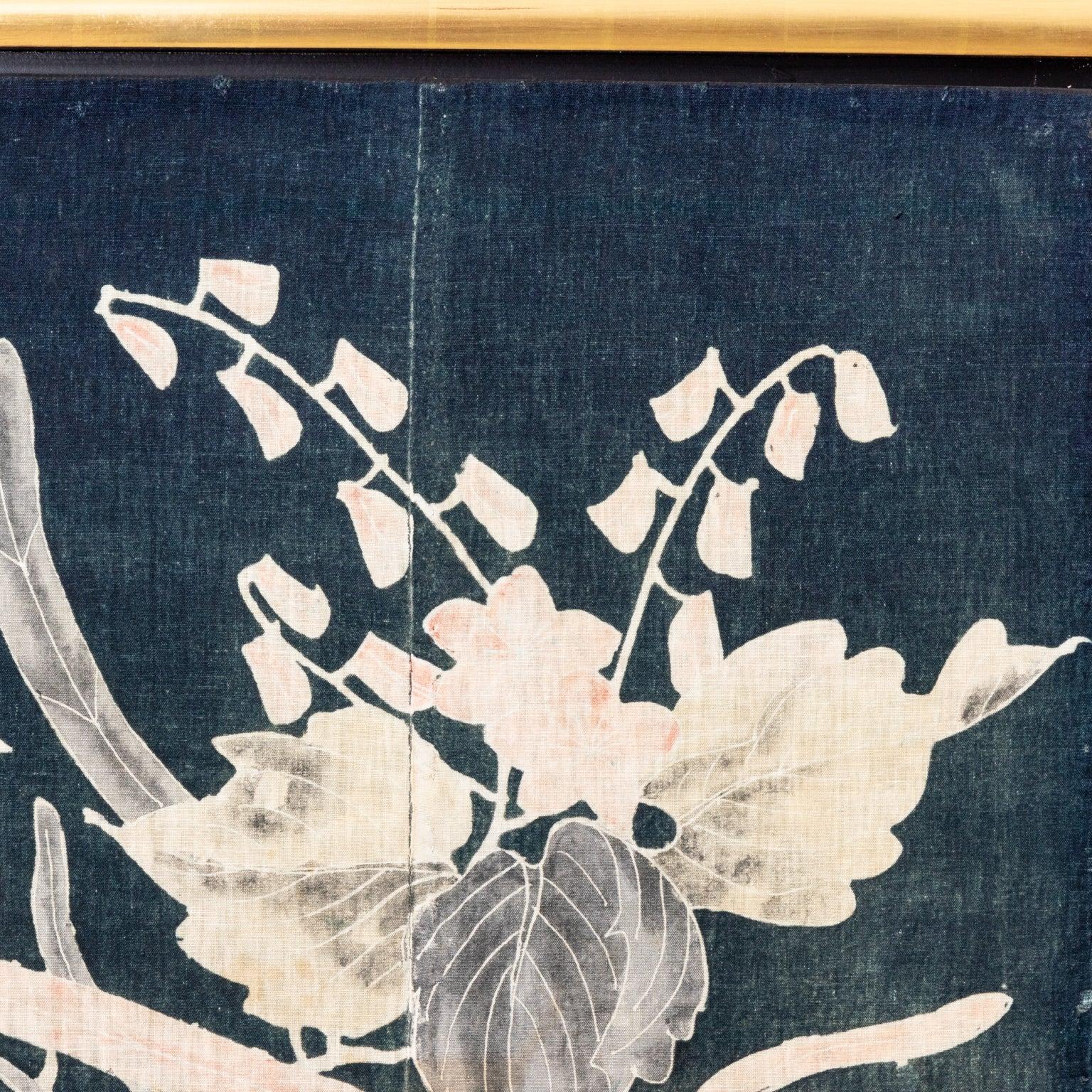Japanese Meiji period 19th century futon cover framed. Made with natural dyes tsutsugaki drawings with flying phoenix. Please note of wear consistent with age.