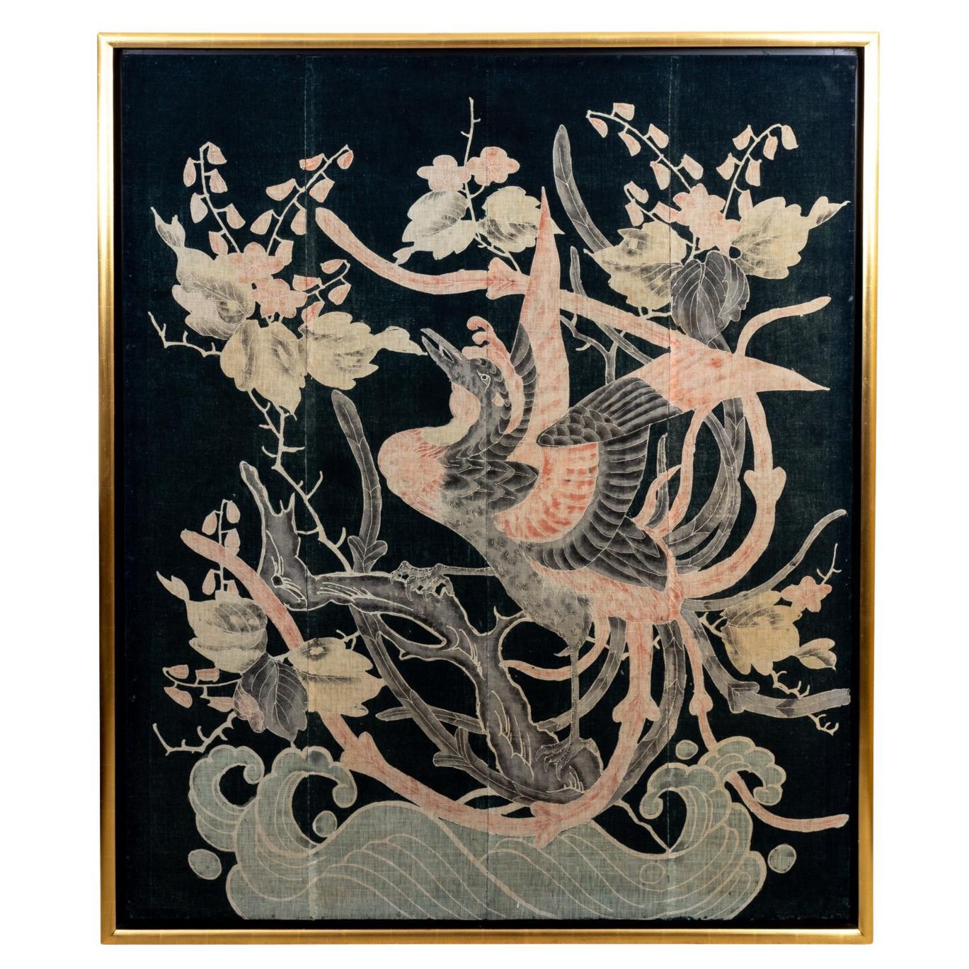19th Century Framed Japanese Meiji Period Futon Cover with Phoenix and Flower For Sale