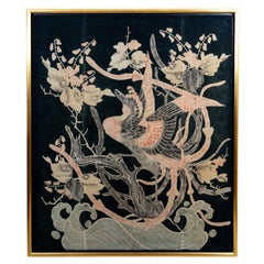 Antique 19th Century Framed Japanese Meiji Period Futon Cover with Phoenix and Flower