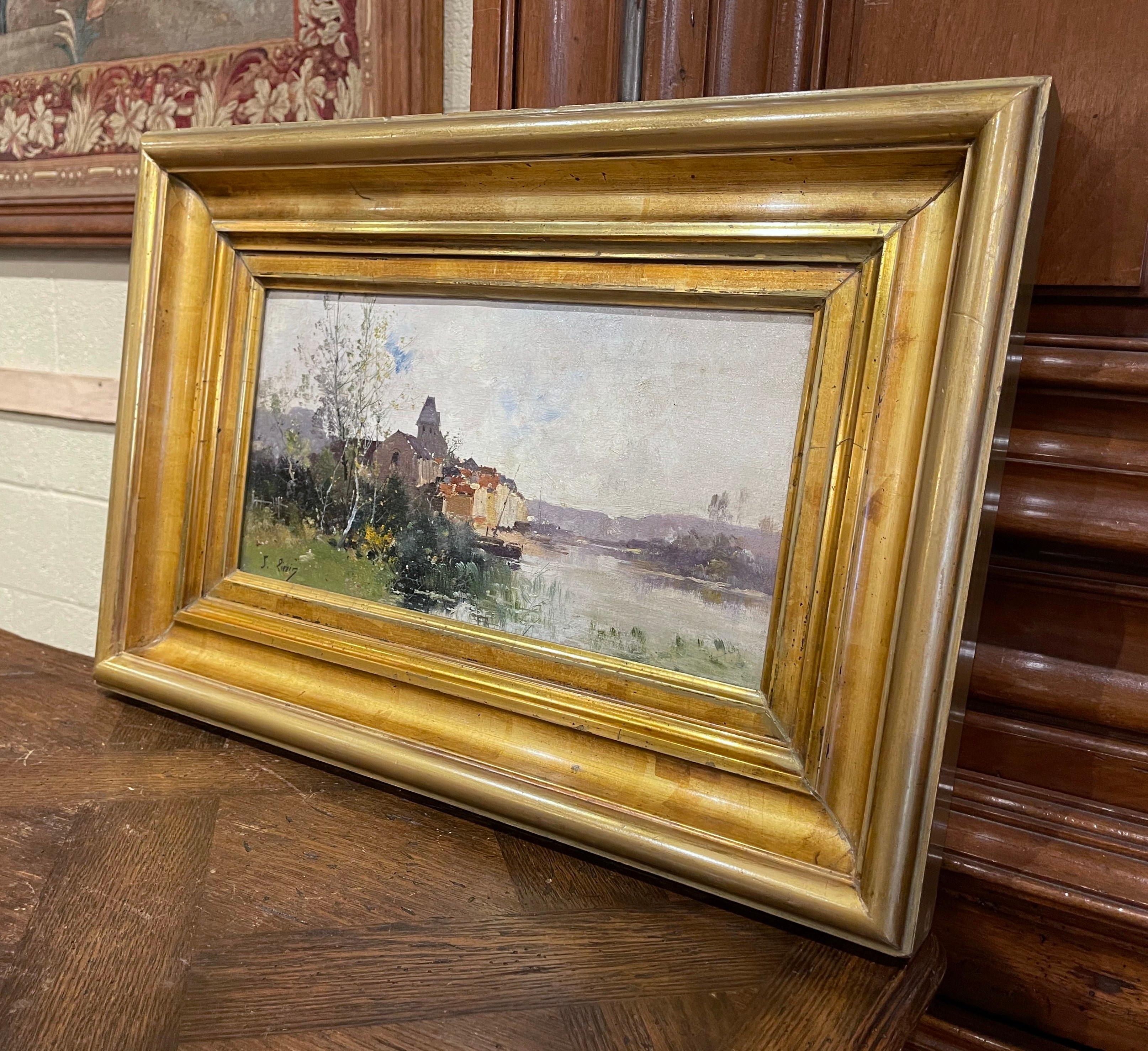 Decorate a study, living room or den with this beautiful and colorful antique landscape painting! Painted in France circa 1890, the artwork painted on canvas is set in a carved gilt wood frame and illustrates a picturesque, countryside scene in