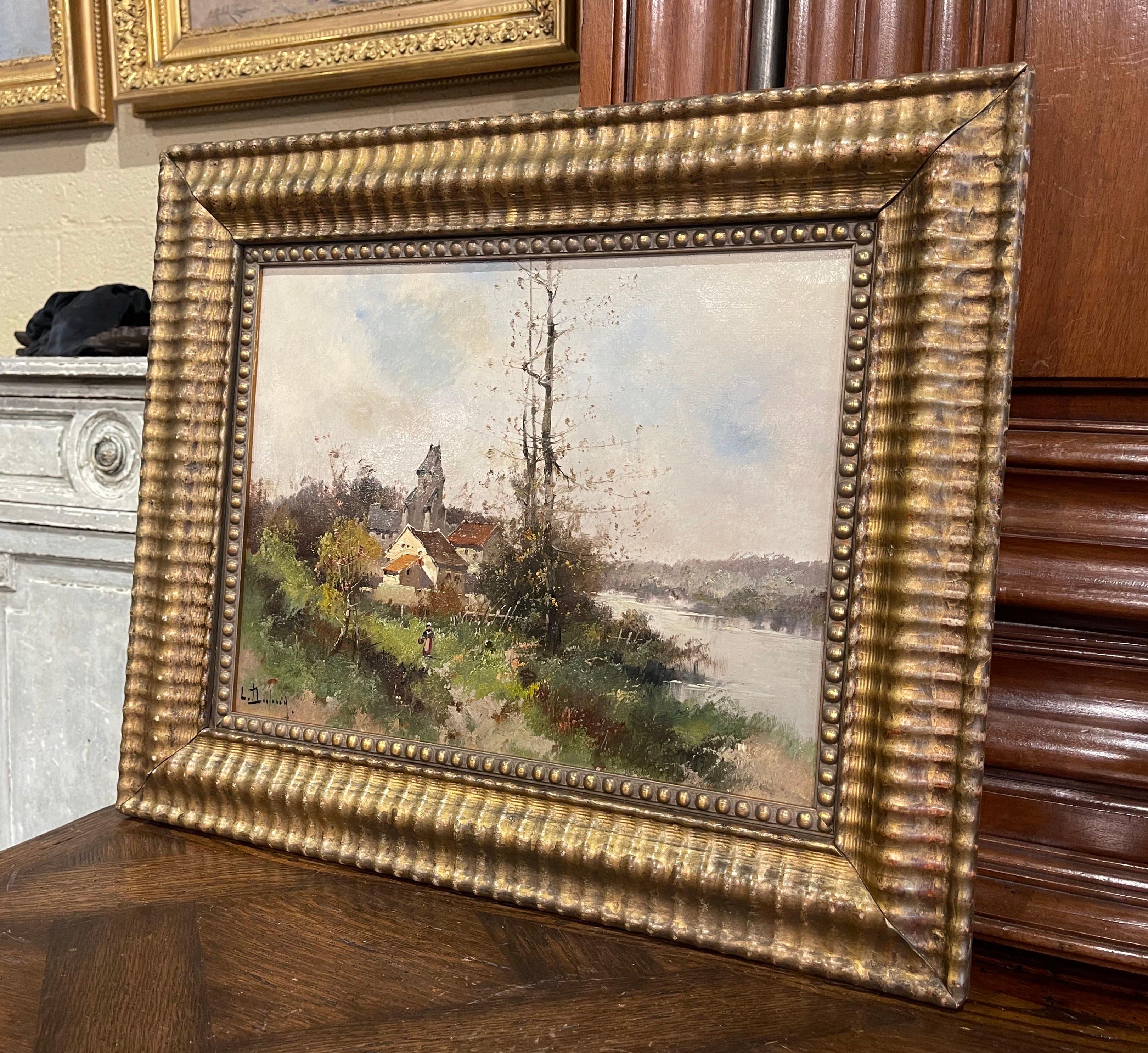 Decorate a study, living room or den with this beautiful and colorful antique painting! Painted in France circa 1890, the artwork on canvas is set in the original carved gilt wood frame and illustrates a picturesque, countryside scene in rural