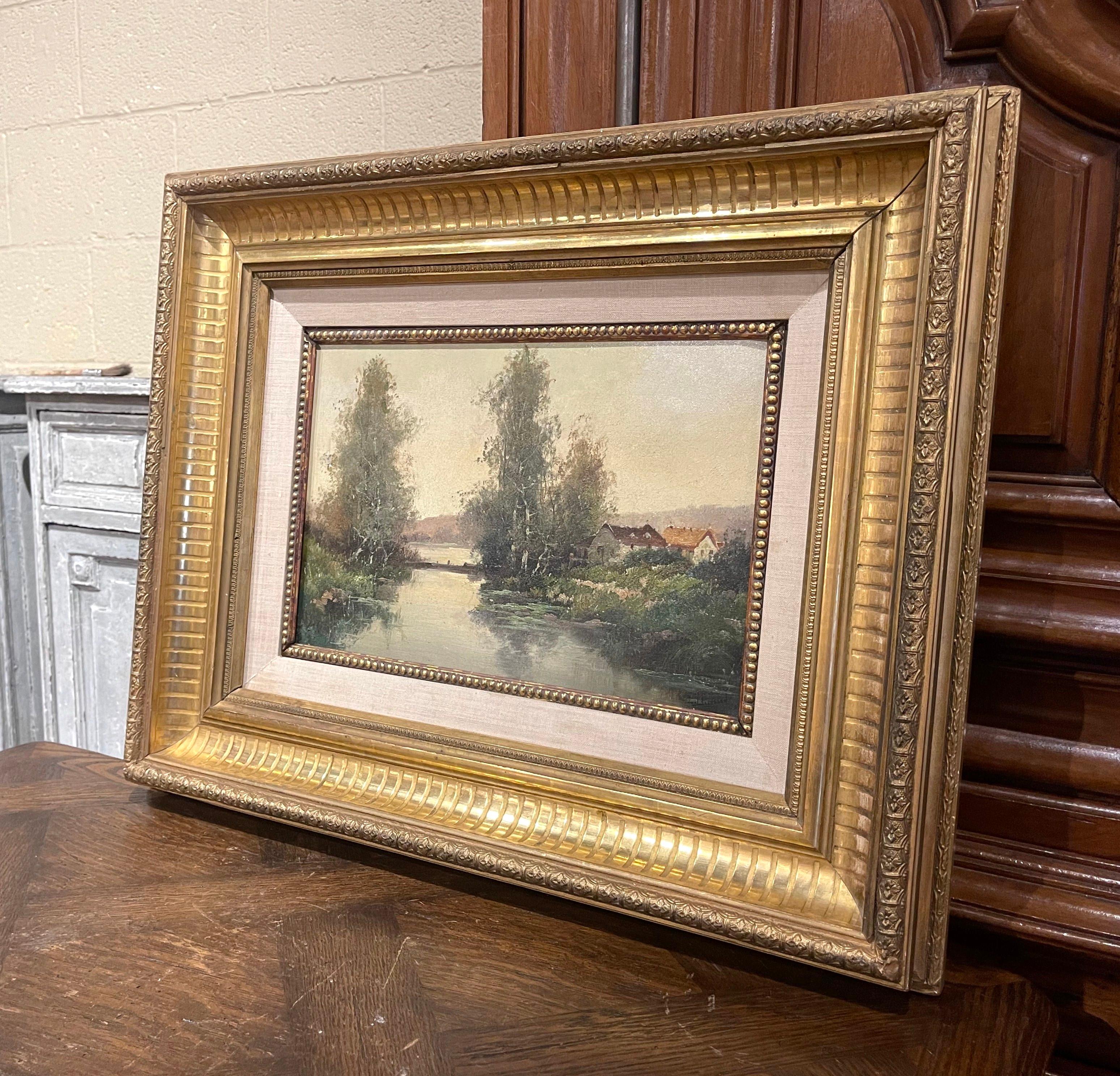 Decorate a study, living room or den with this beautiful and colorful antique painting! Painted in France circa 1890, the artwork on canvas is set in an exquisite carved gilt wood frame and illustrates a picturesque, countryside scene in rural