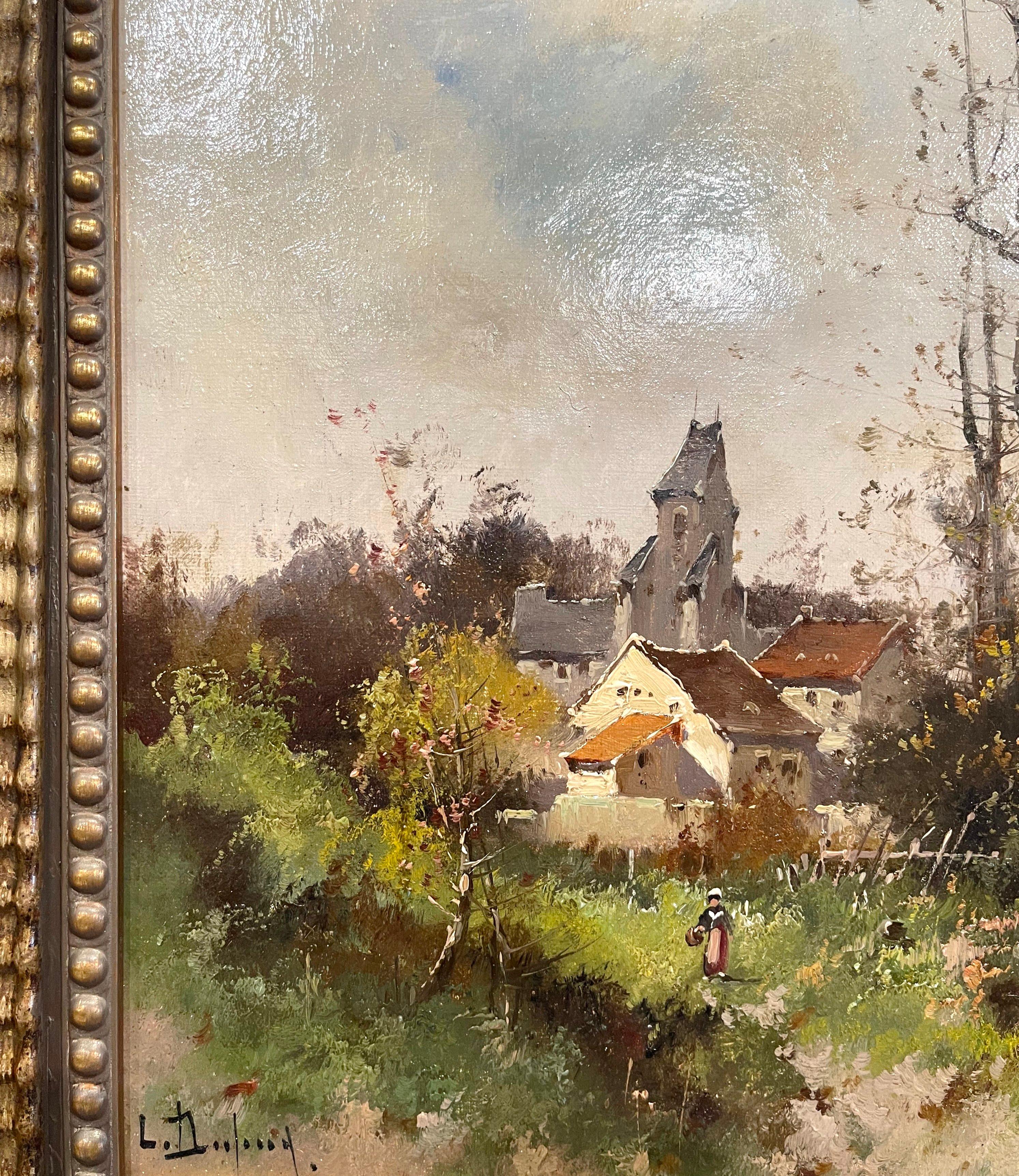 Bois doré  Peinture à l'huile du 19ème siècle encadrée représentant un paysage, signée L. Dupuy pour E. Galien-Laloue en vente