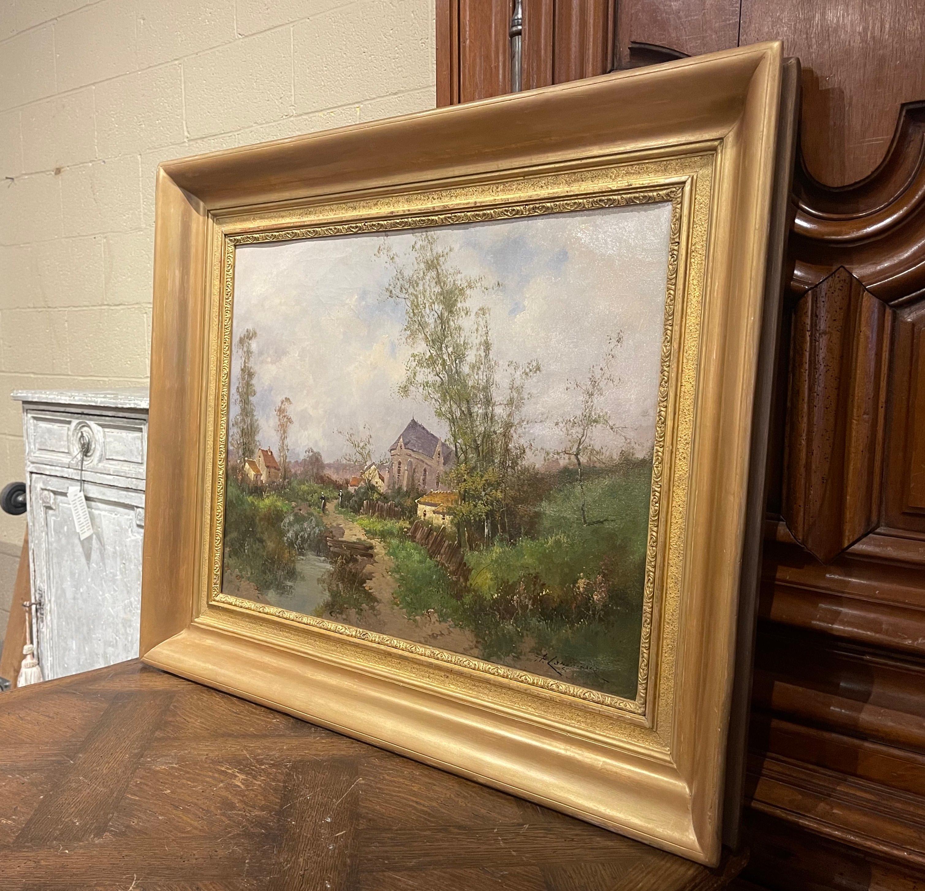 Decorate a study, living room or den with this beautiful and colorful antique painting. Painted in France, circa 1890, the large artwork on canvas is set in a carved Giltwood frame and illustrates a picturesque, countryside scene in rural France