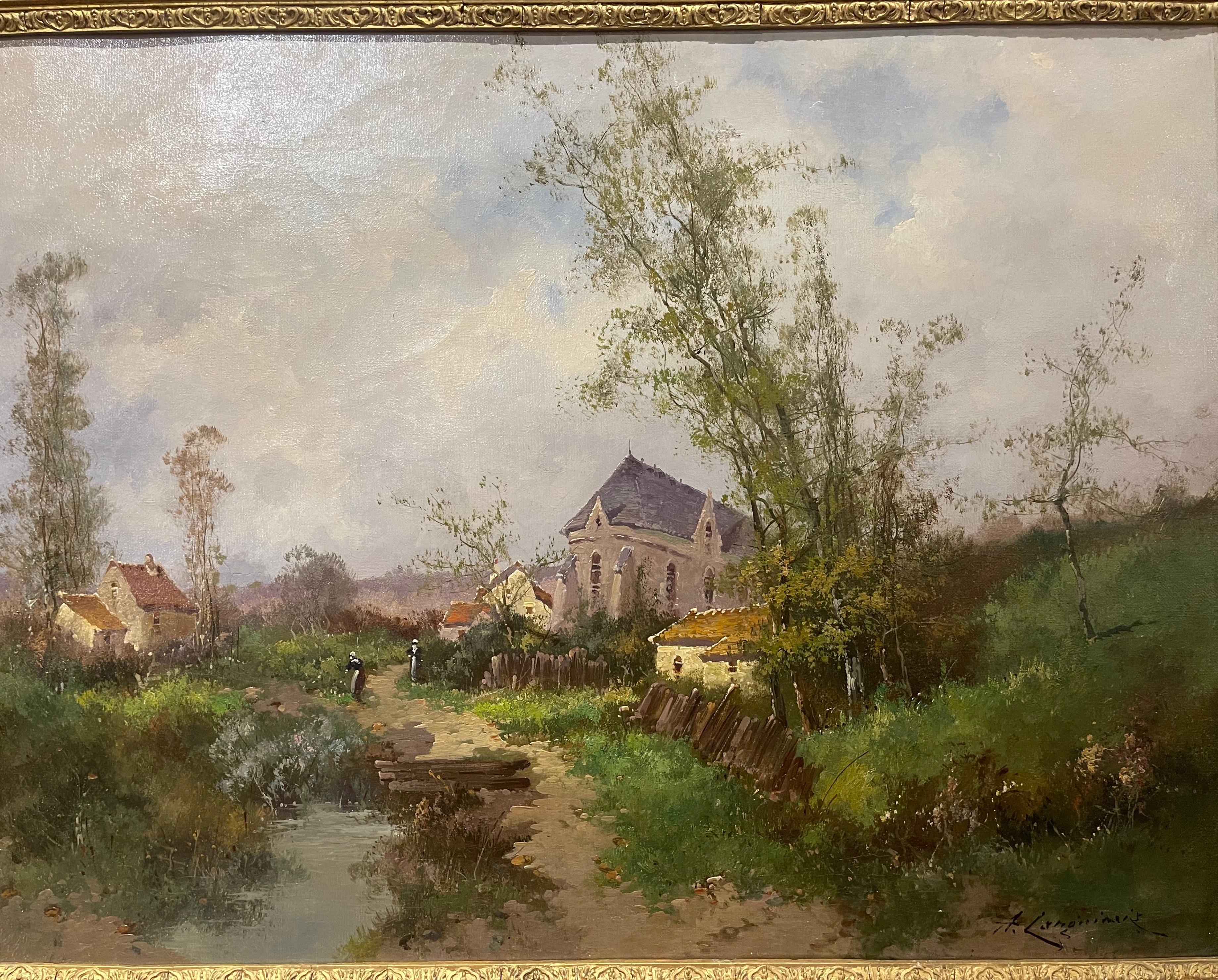 Français Peinture à l'huile encadrée du 19ème siècle représentant un paysage, signée Languinais pour Galien-Laloue en vente