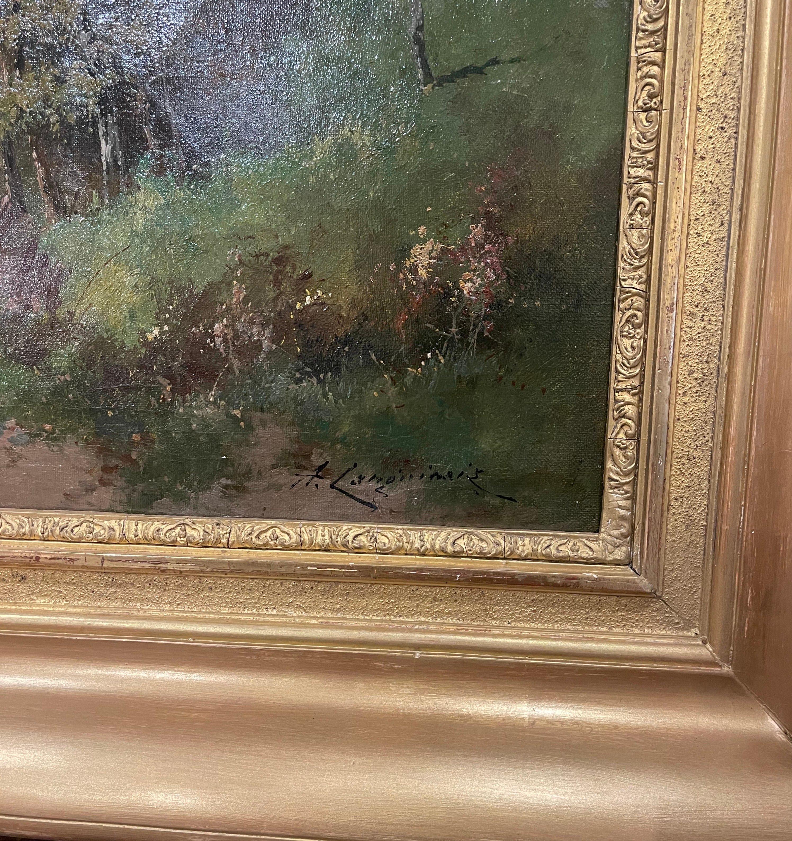 Sculpté Peinture à l'huile encadrée du 19ème siècle représentant un paysage, signée Languinais pour Galien-Laloue en vente