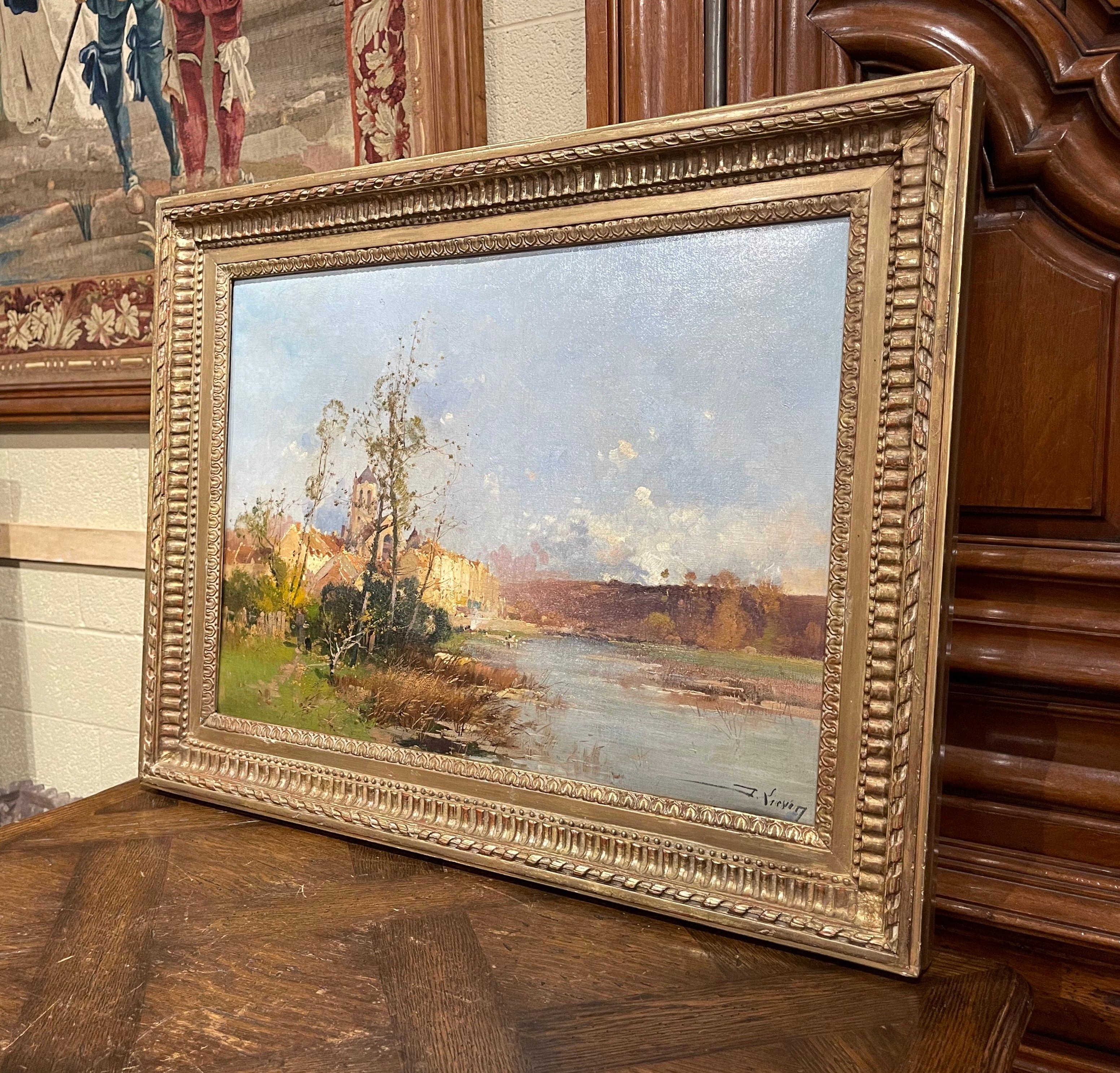 Decorate a study, living room or den with this beautiful and colorful antique painting! Painted in France circa 1890, the artwork painted on canvas is set in a carved gilt wood frame and illustrates a picturesque, countryside scene in rural France