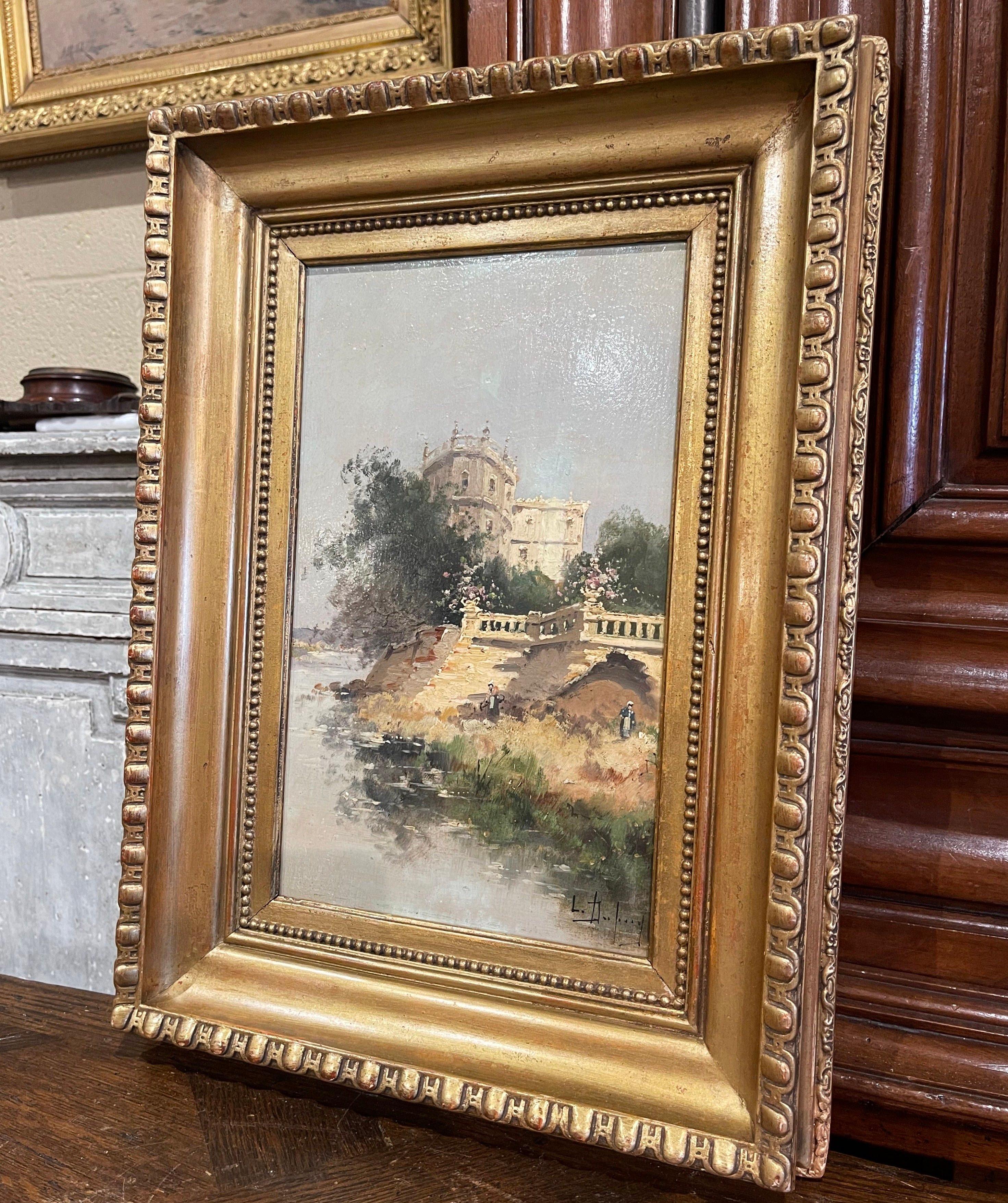 Decorate a study, living room or den with this beautiful and colorful antique painting! Painted in France circa 1890, the artwork painted on board, is set in the original carved gilt wood frame; it illustrates a picturesque, countryside scene in