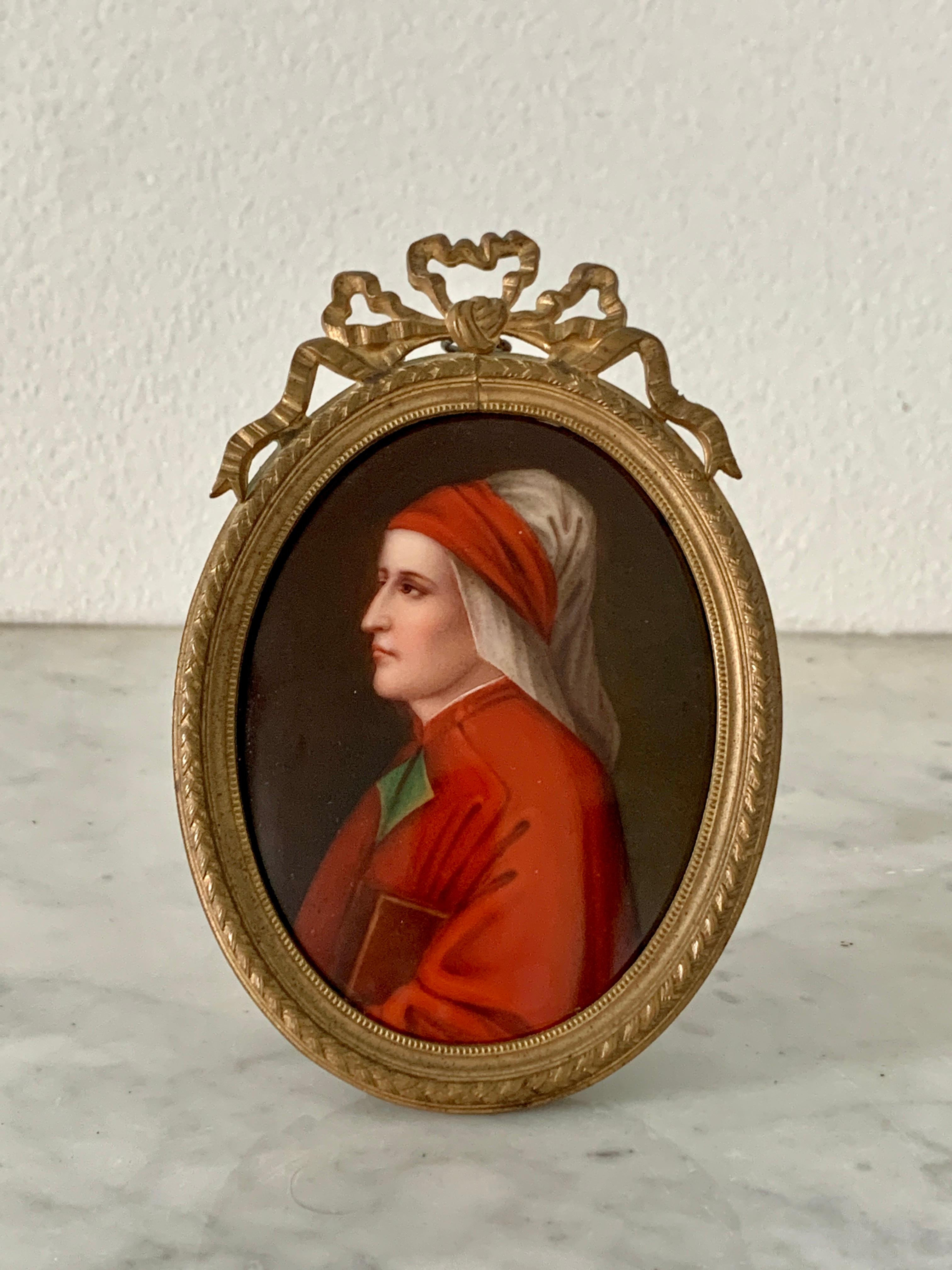 Brass 19th Century Framed Miniature Oil Painting on Porcelain Portrait of Italian Poet For Sale