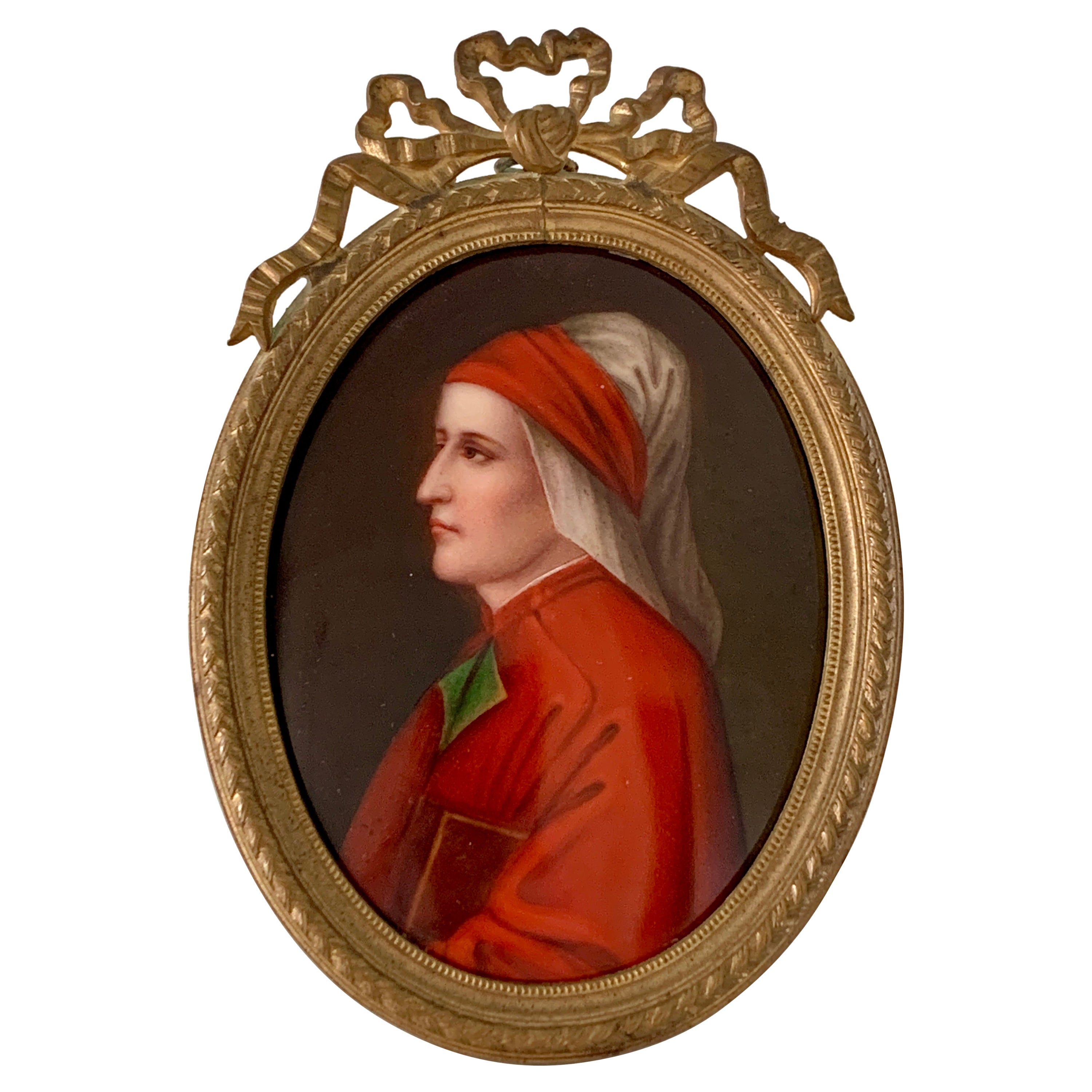 19th Century Framed Miniature Oil Painting on Porcelain Portrait of Italian Poet