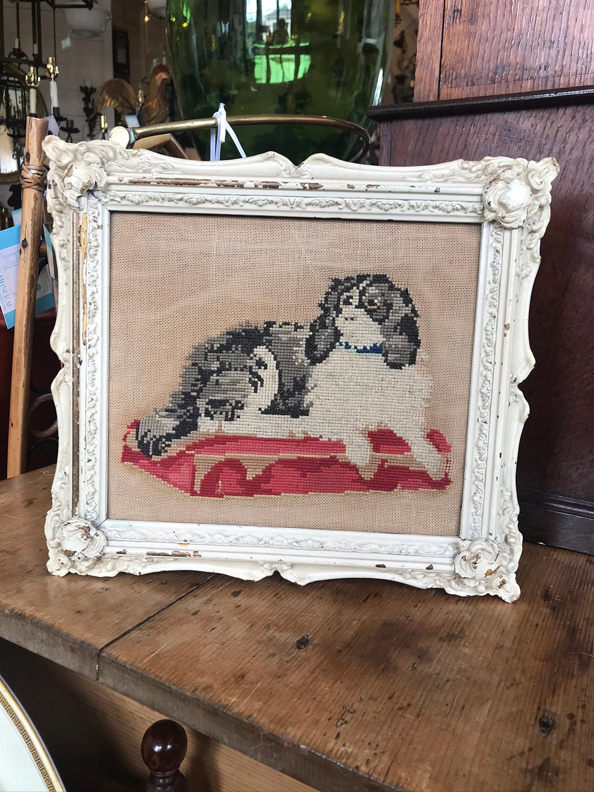 19th century framed needlework of King Charles spaniel dog.
