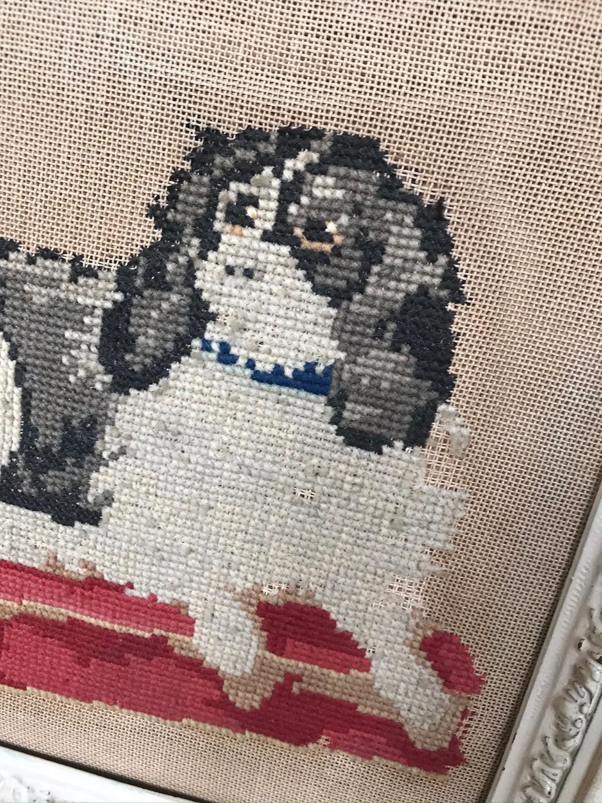 Tapestry 19th Century Framed Needlework of King Charles Spaniel Dog