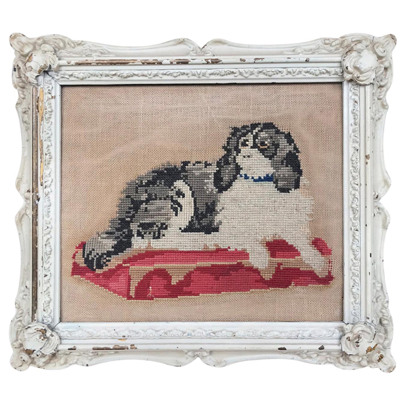 19th Century Framed Needlework of King Charles Spaniel Dog
