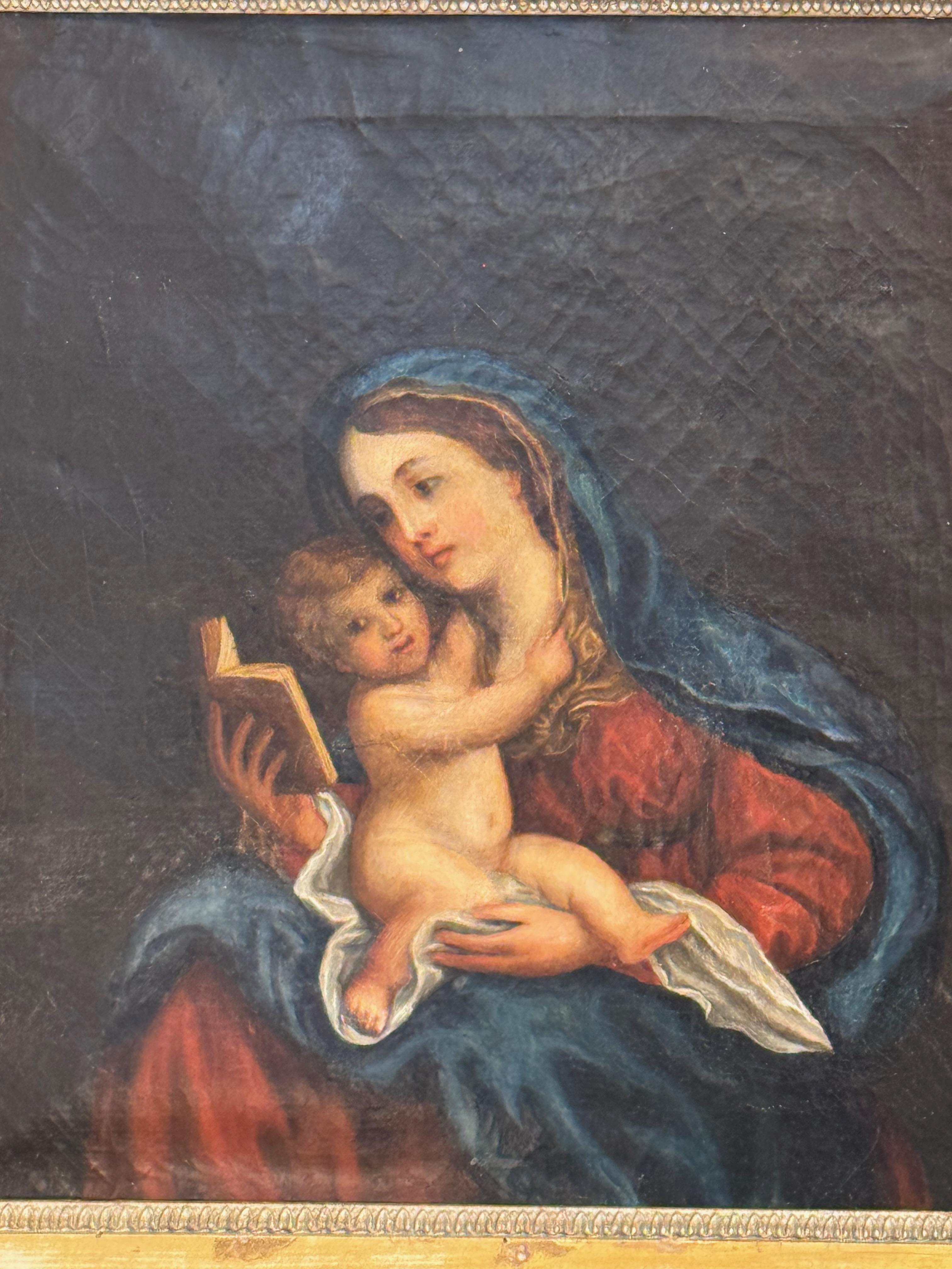 19. Jahrhundert Gerahmtes Öl auf Leinwand - Madonna mit Child (Italienisch) im Angebot