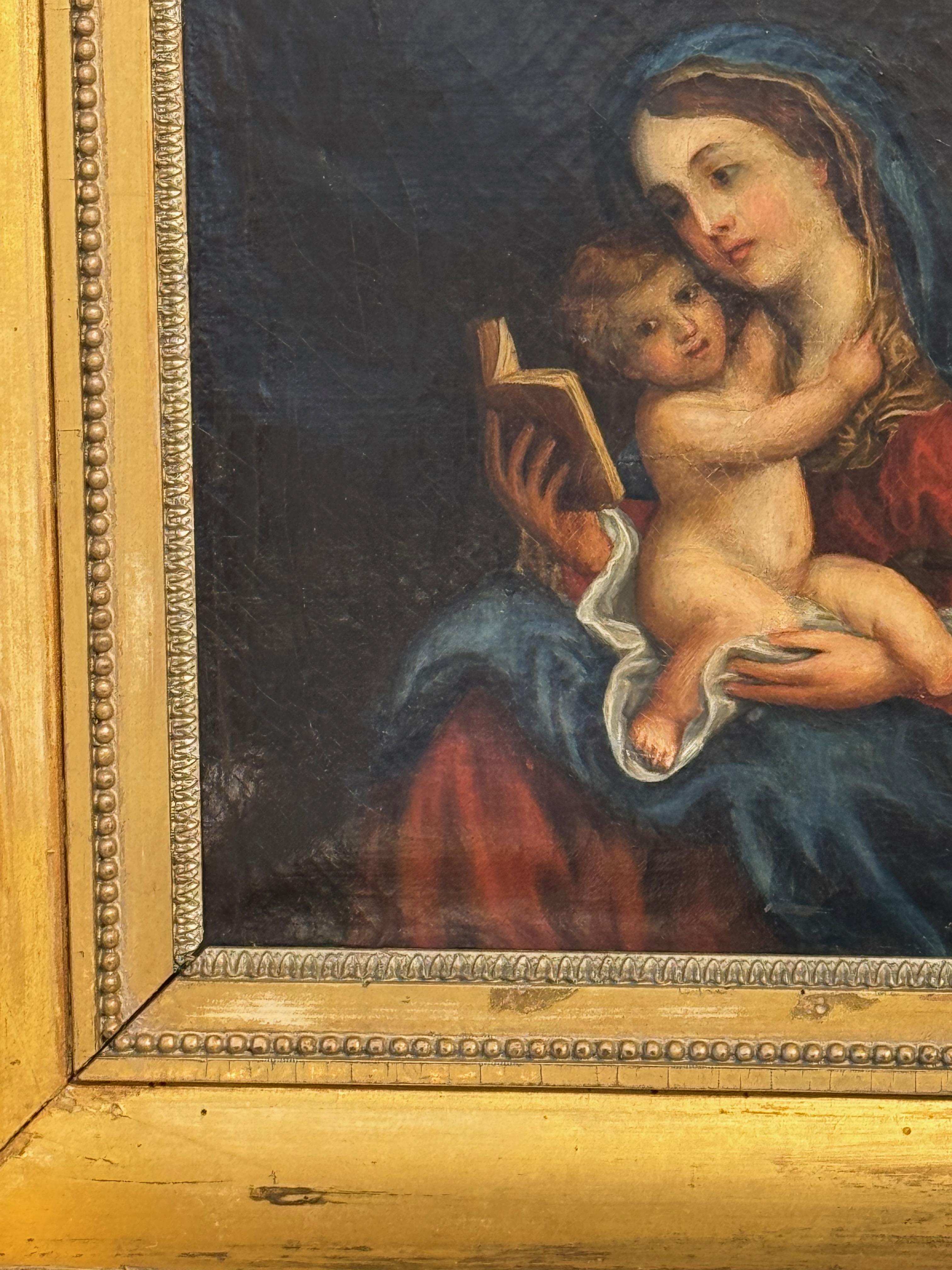 19. Jahrhundert Gerahmtes Öl auf Leinwand - Madonna mit Child (Vergoldetes Holz) im Angebot