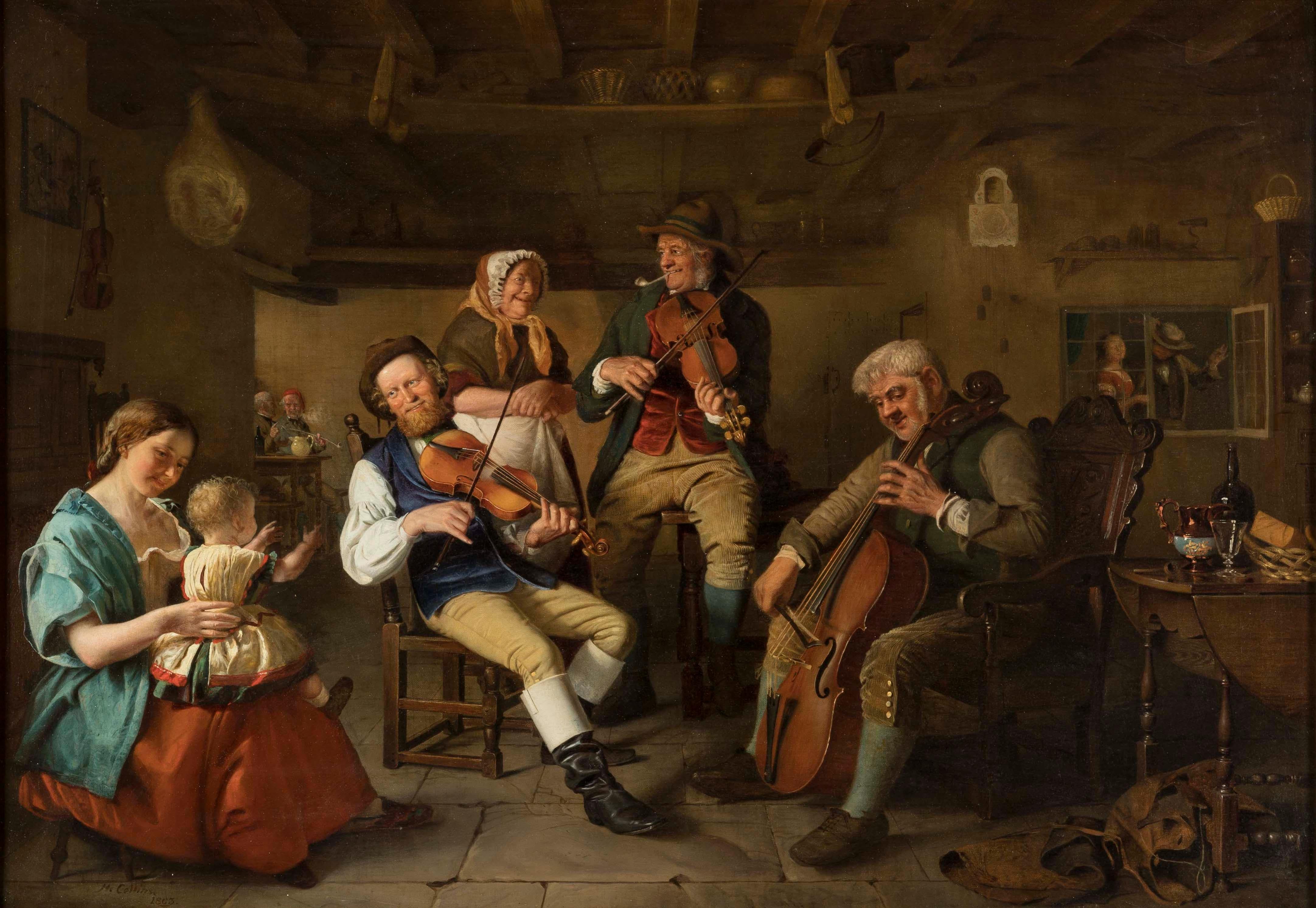 A Musical Company
By Hugh Collins (c. 1834-1896)

Painted in oil on canvas, the tavern scene depicting a trio of musicians surrounded by captivated onlookers. Signed by the artist 