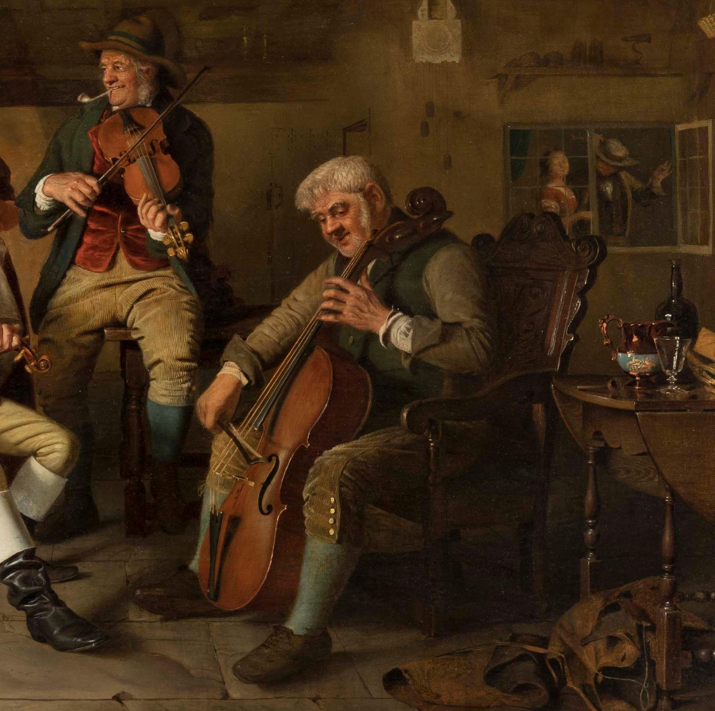 XIXe siècle Huile sur toile encadrée du 19ème siècle représentant une « Compagnie musicale » par Hugh Collins en vente
