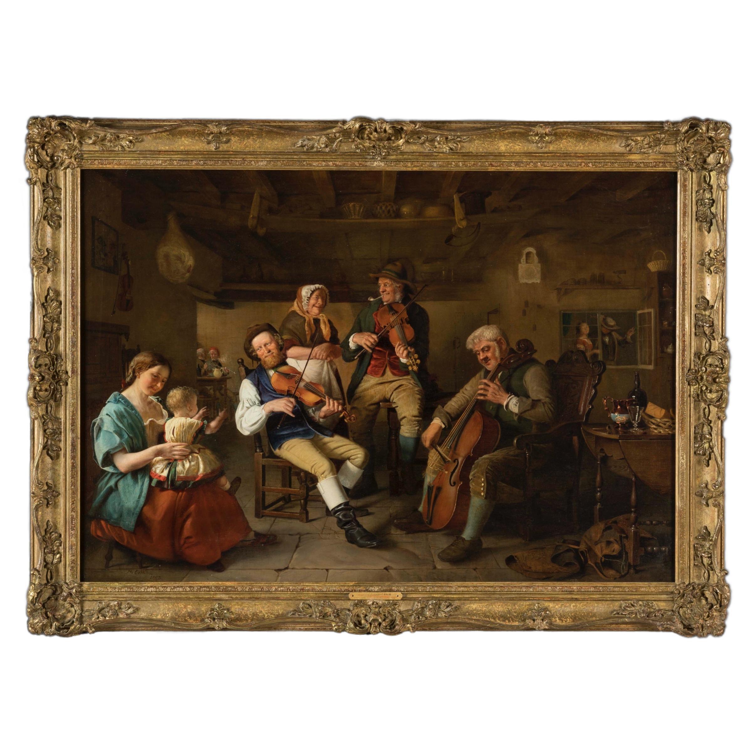 Huile sur toile encadrée du 19ème siècle représentant une « Compagnie musicale » par Hugh Collins en vente